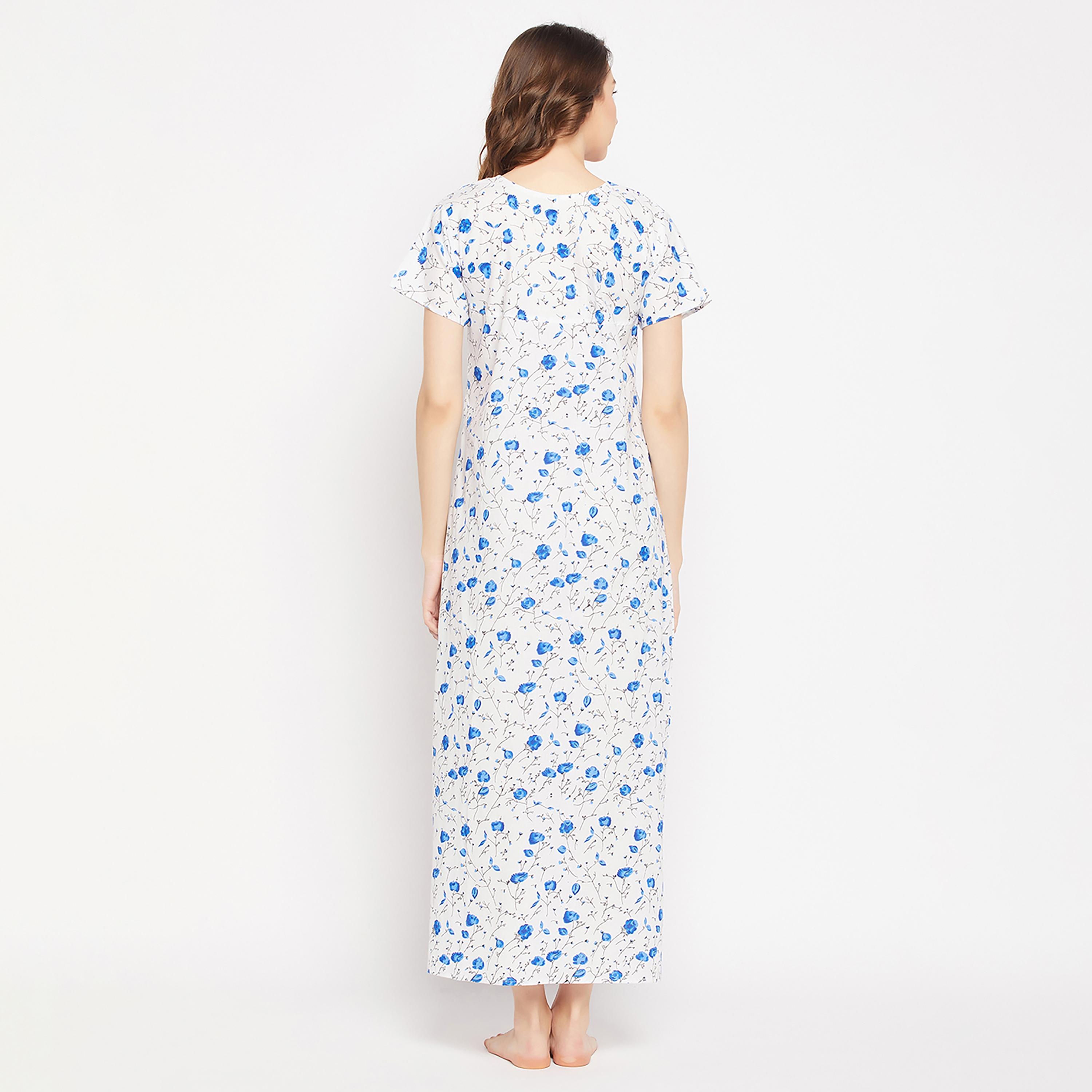 فستان نوم نسائي طويل من Clovia Pretty Florals باللون الأبيض - 100% قطن-women-clothing-nightwear-nighties-image-5