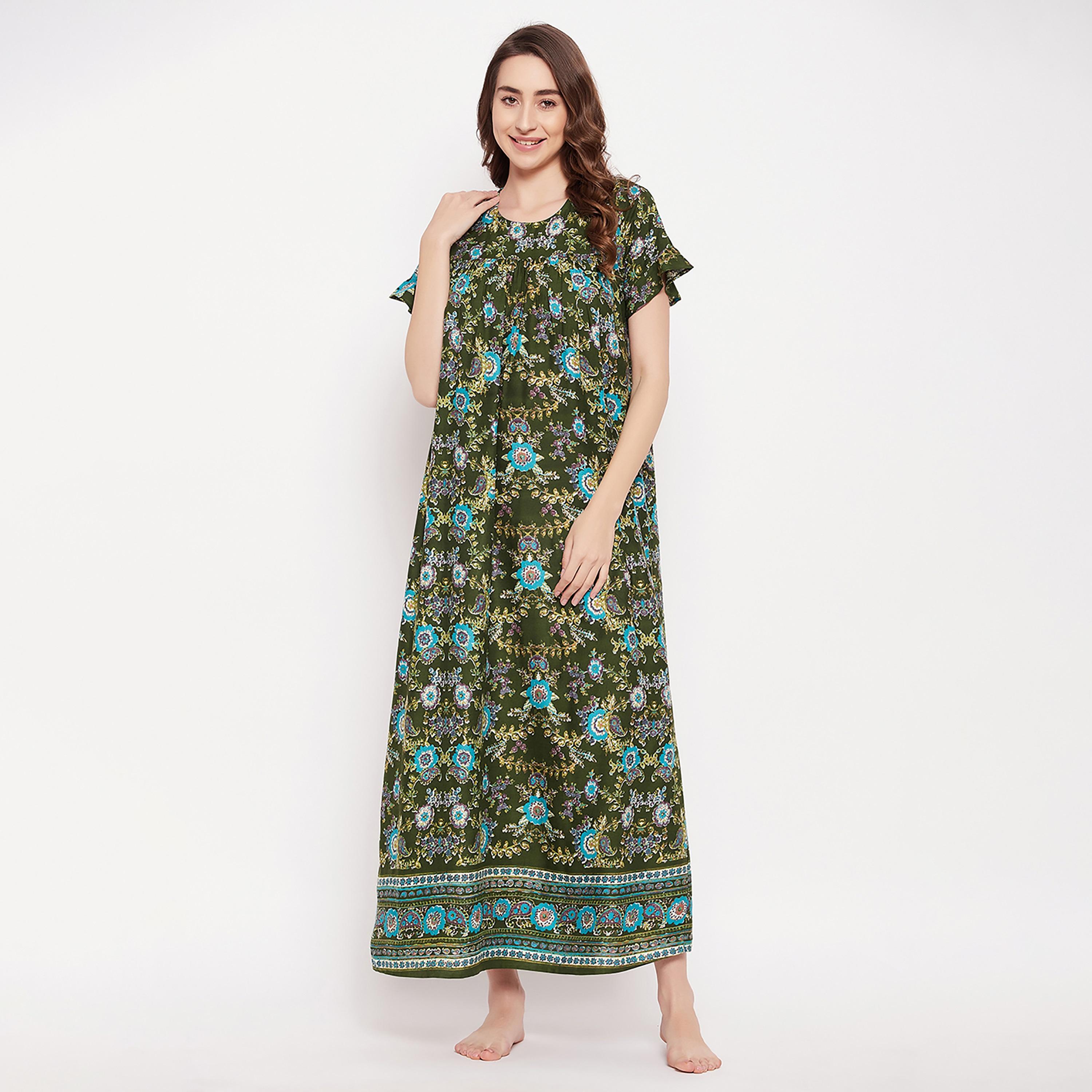 فستان سهرة طويل نسائي من Clovia Pretty Florals باللون الأخضر الداكن - رايون-women-clothing-nightwear-nighties-image-1