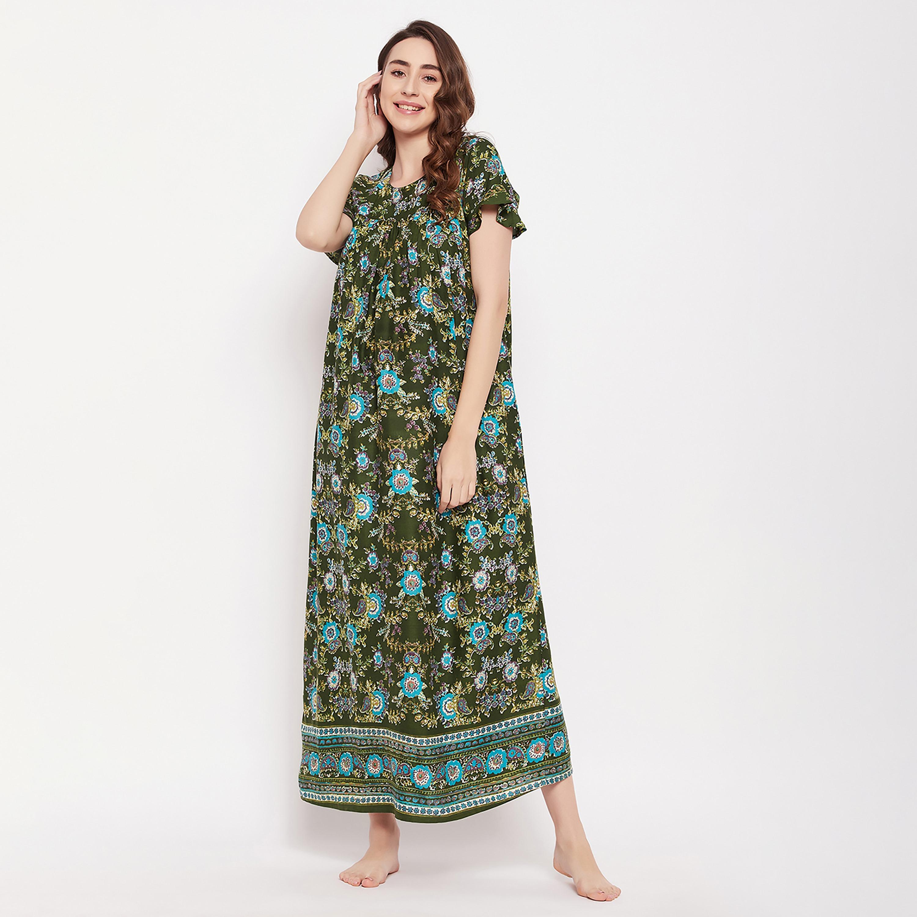 Clovia Pretty Florals Long Women's Night Dress in Dark Green - Rayon-women-clothing-nightwear-nighties-image-2