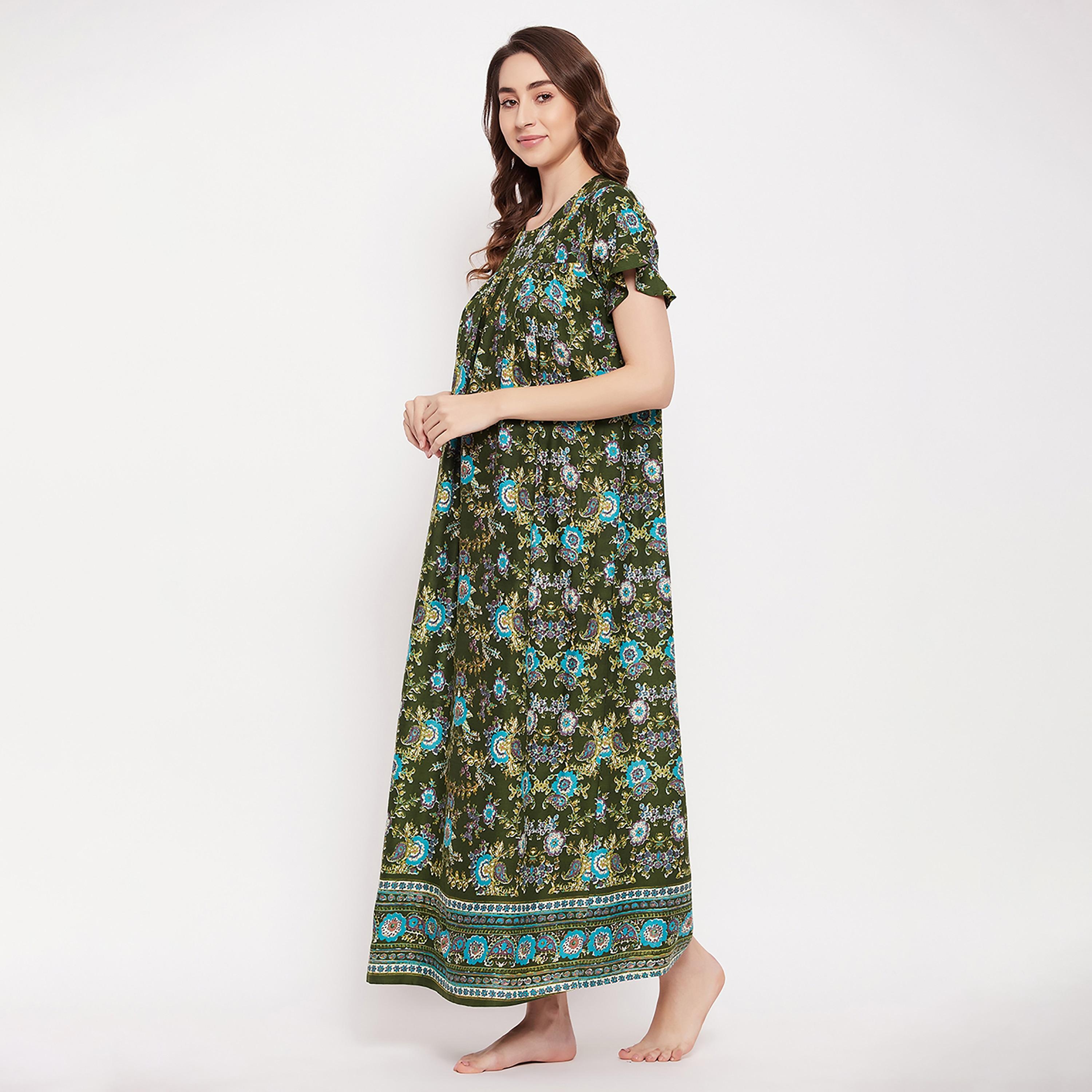 Clovia Pretty Florals Long Women's Night Dress in Dark Green - Rayon-women-clothing-nightwear-nighties-image-3