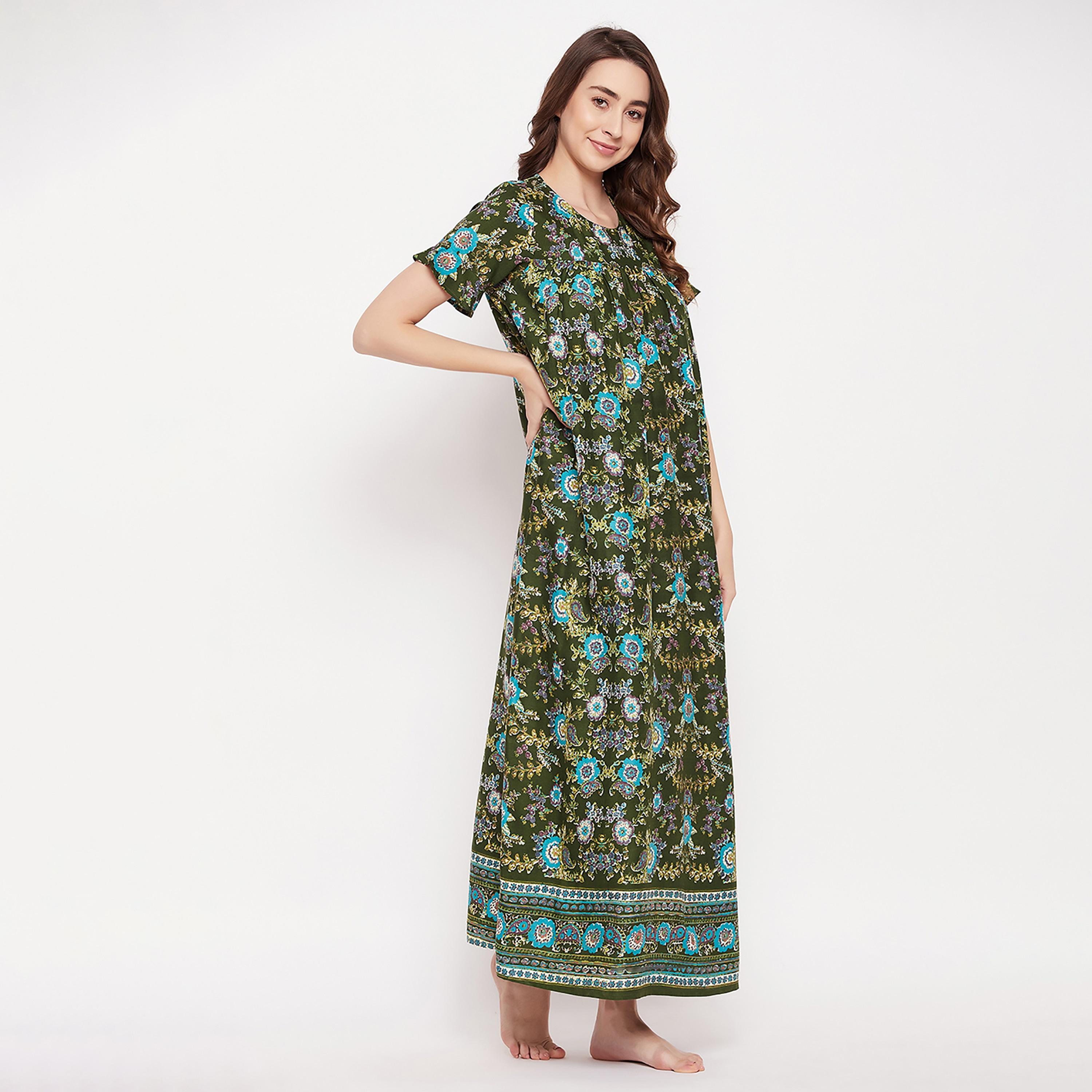 Clovia Pretty Florals Long Women's Night Dress in Dark Green - Rayon-women-clothing-nightwear-nighties-image-4