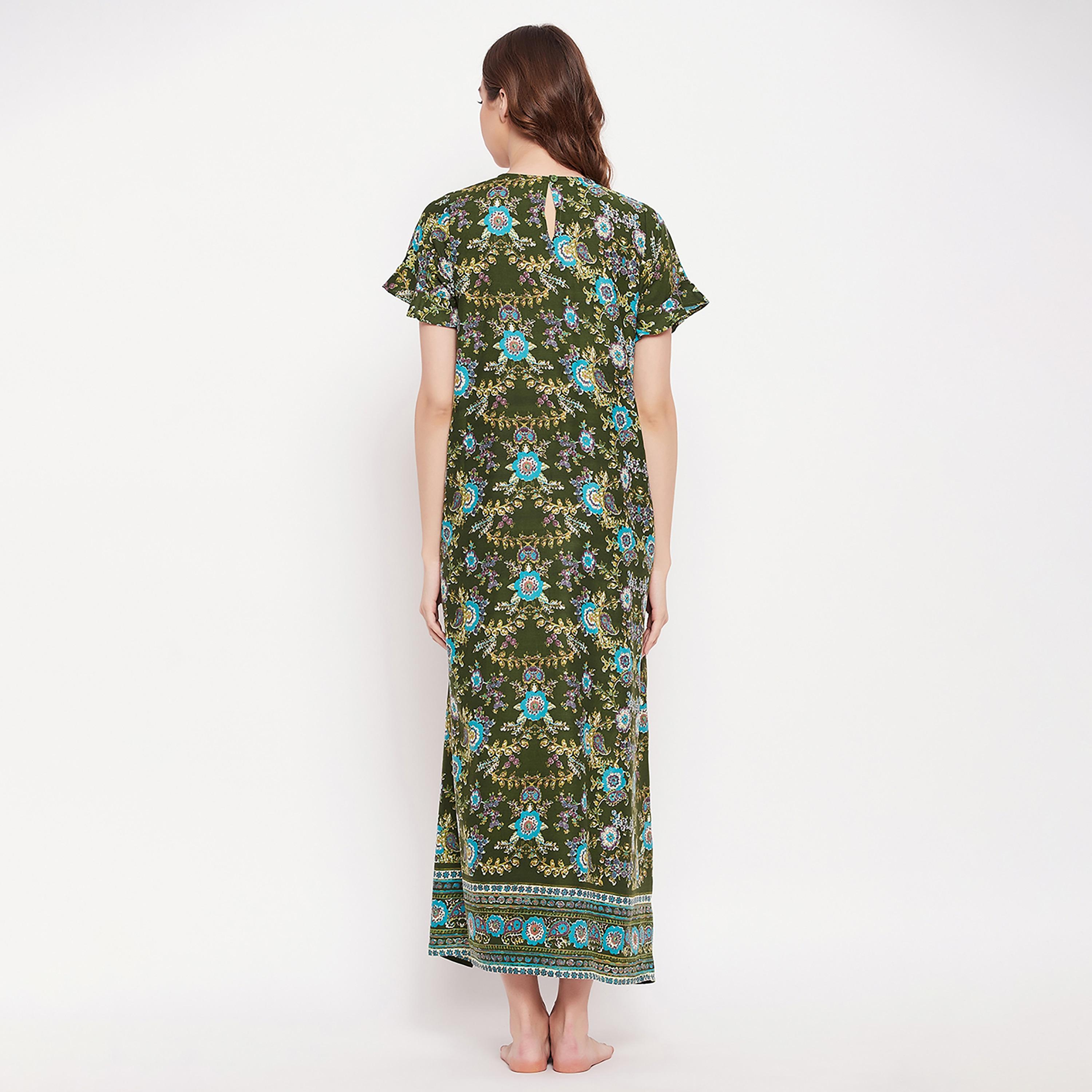 Clovia Pretty Florals Long Women's Night Dress in Dark Green - Rayon-women-clothing-nightwear-nighties-image-5