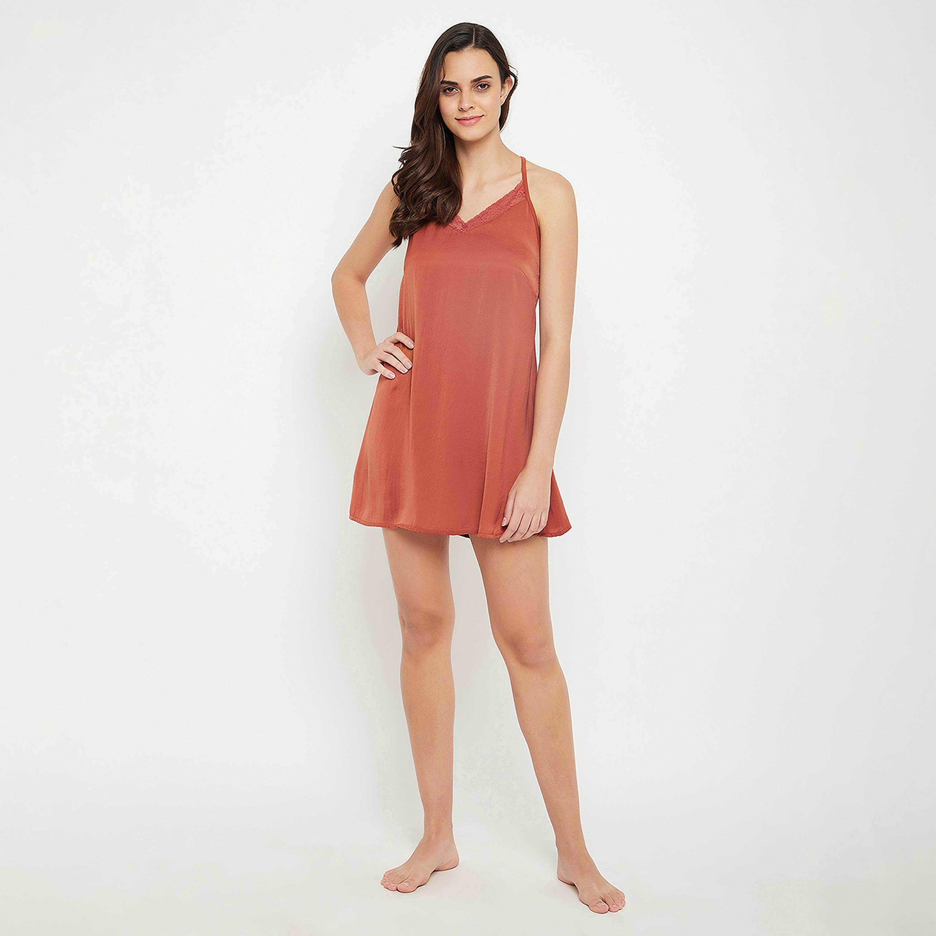Clovia Chic Basic Short Women's Nighty in Rust Brown - Satin-women-clothing-nightwear-nighties-image-2