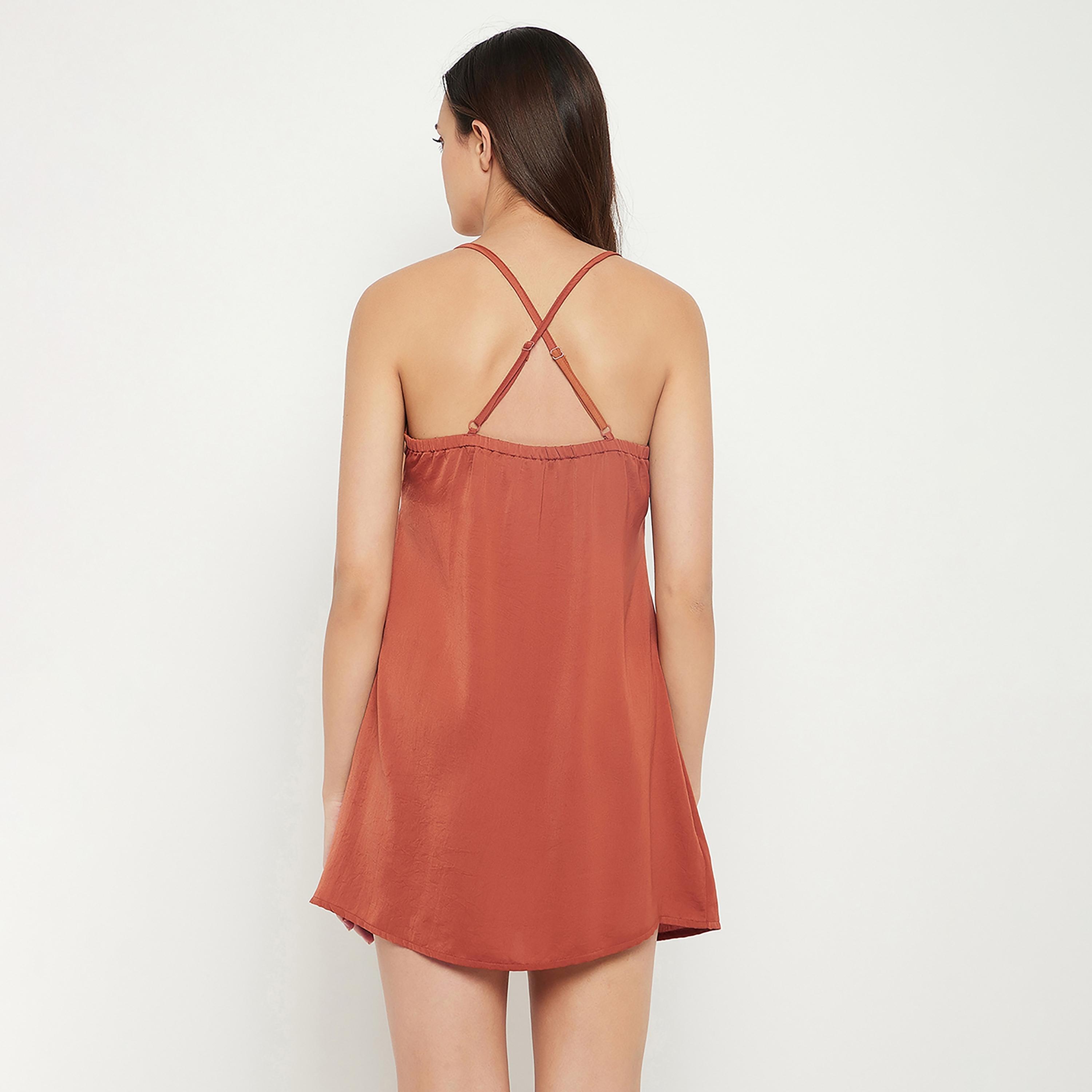 Clovia Chic Basic Short Women's Nighty in Rust Brown - Satin-women-clothing-nightwear-nighties-image-5