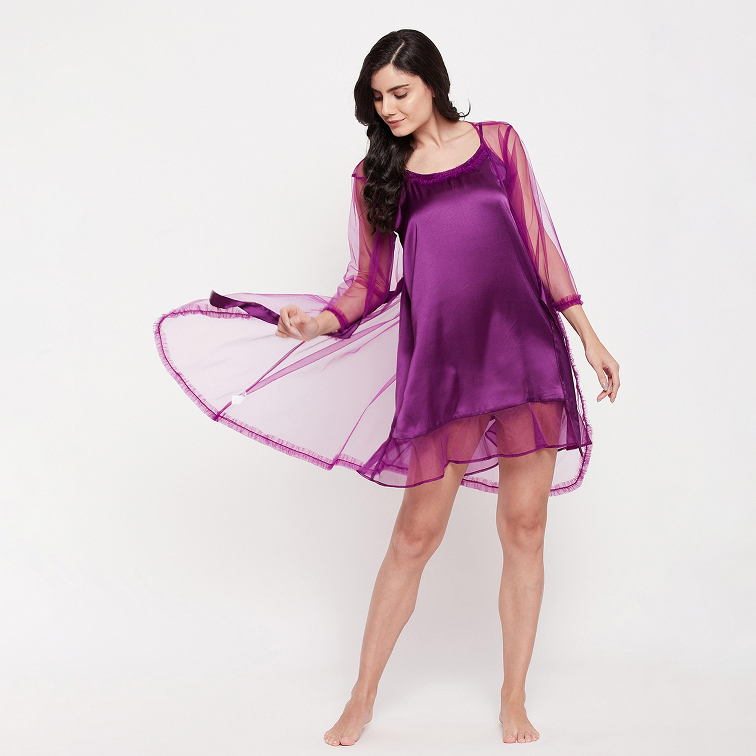 طقم مكون من فستان نوم قصير أساسي أنيق وروب نسائي باللون الأرجواني من كلوفيا - ساتان-women-clothing-nightwear-robes-image-1