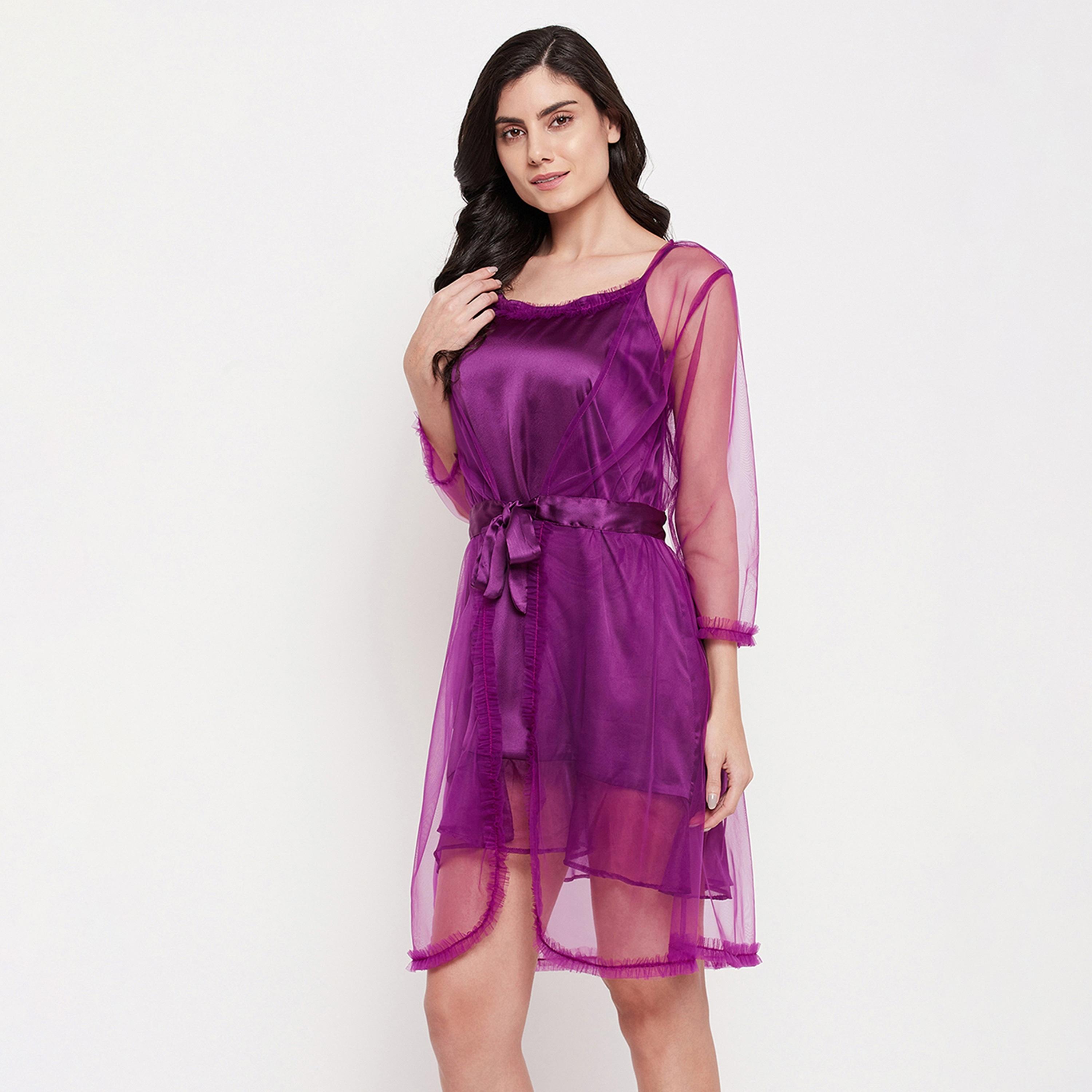 طقم مكون من فستان نوم قصير أساسي أنيق وروب نسائي باللون الأرجواني من كلوفيا - ساتان-women-clothing-nightwear-robes-image-2