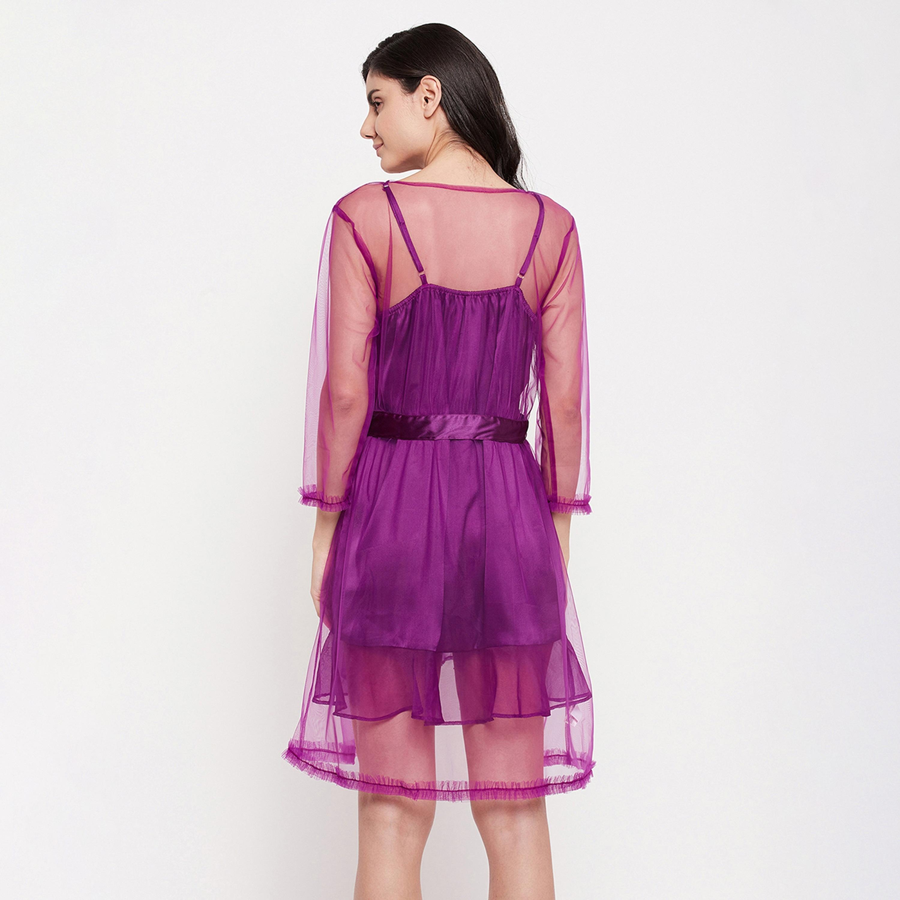 Clovia Chic Basic Short Night Dress & Women's Robe Set in Purple - Satin-women-clothing-nightwear-robes-image-4