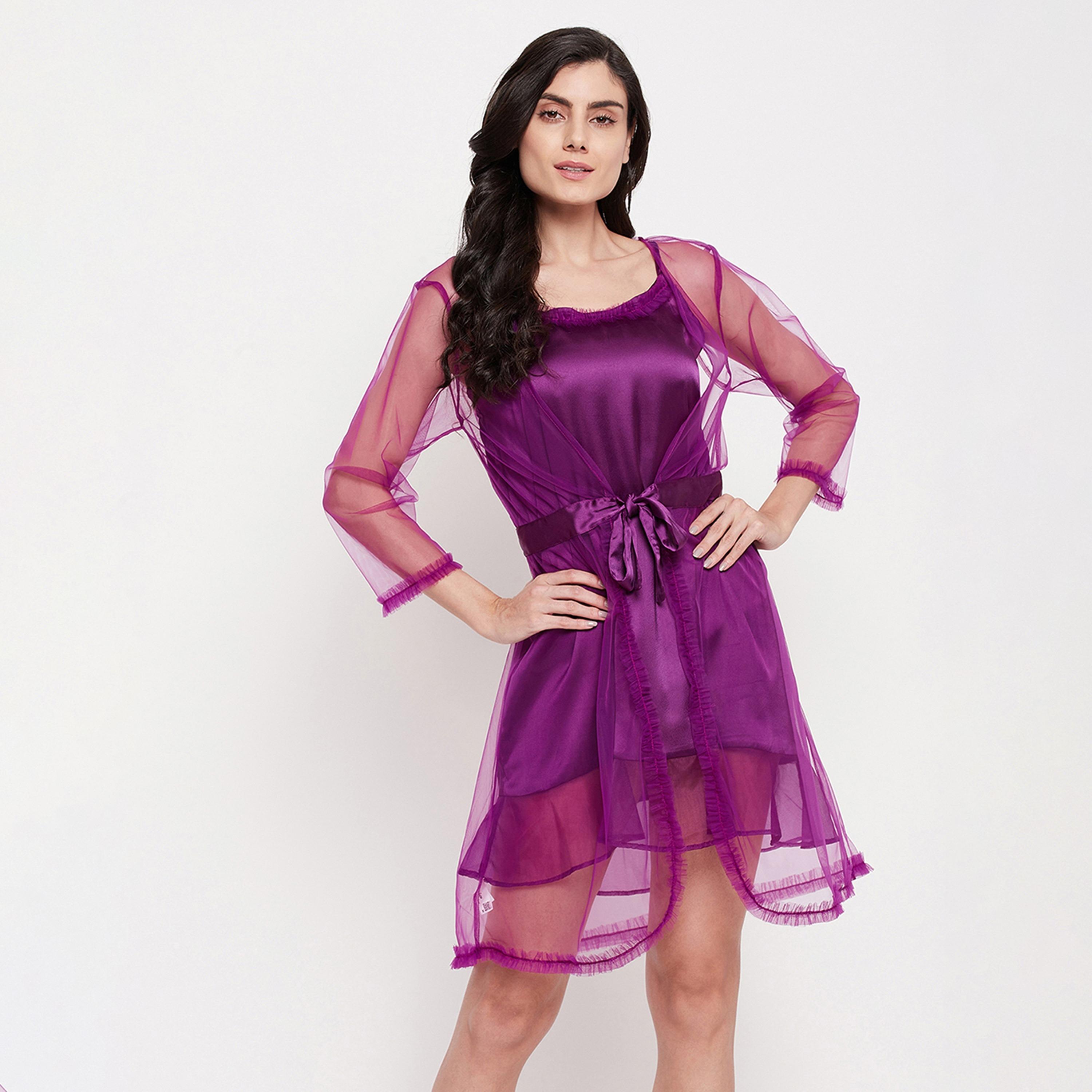 Clovia Chic Basic Short Night Dress & Women's Robe Set in Purple - Satin-women-clothing-nightwear-robes-image-6