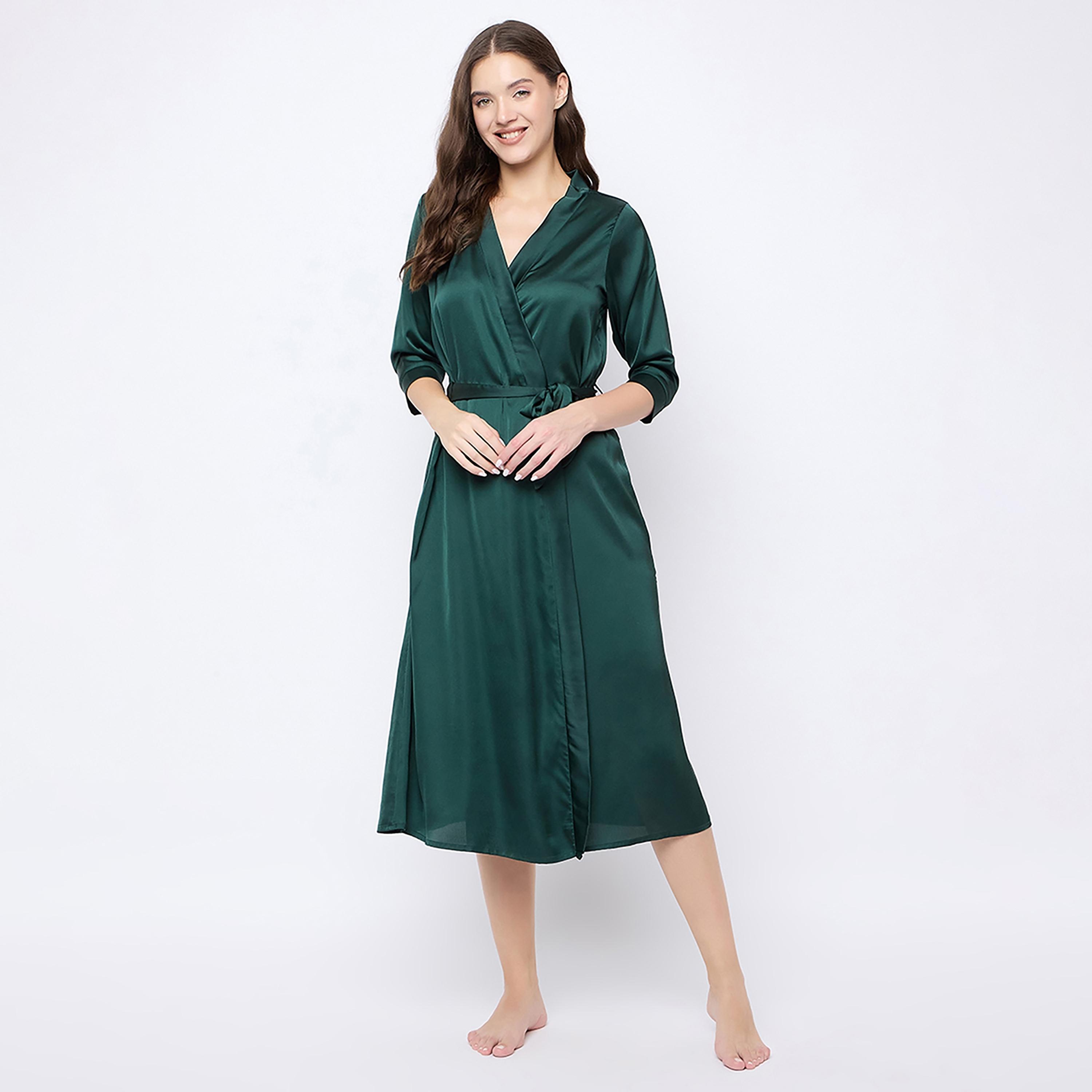 Clovia Chic Basic Long Women's Robe in Dark Green - Satin-women-clothing-nightwear-robes-image-1