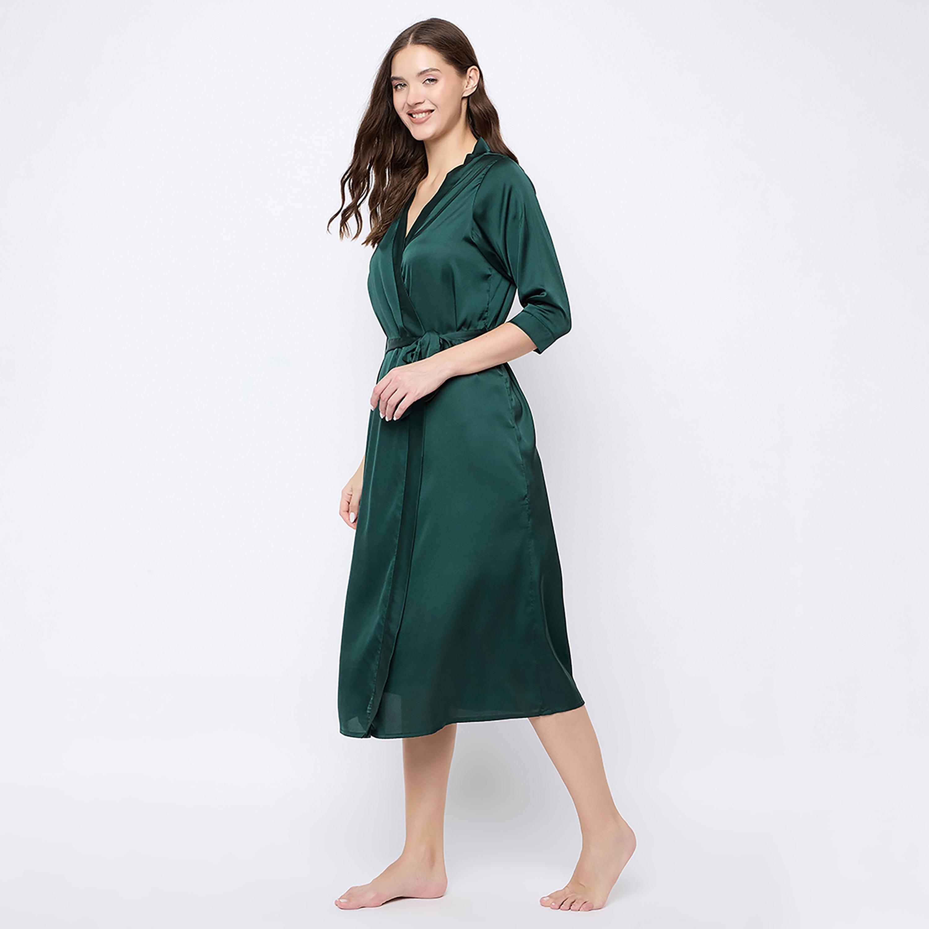 Clovia Chic Basic Long Women's Robe in Dark Green - Satin-women-clothing-nightwear-robes-image-2