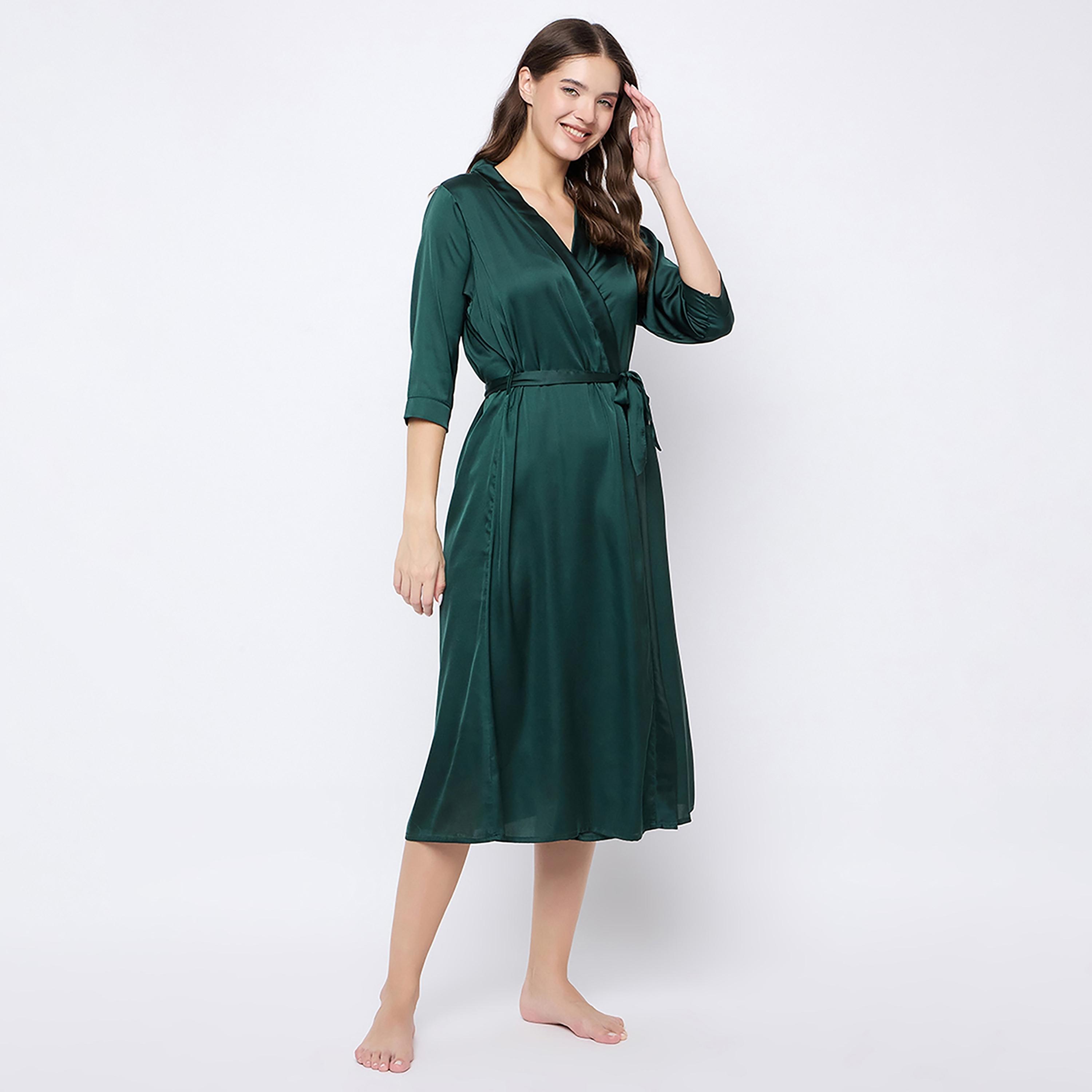 Clovia Chic Basic Long Women's Robe in Dark Green - Satin-women-clothing-nightwear-robes-image-3