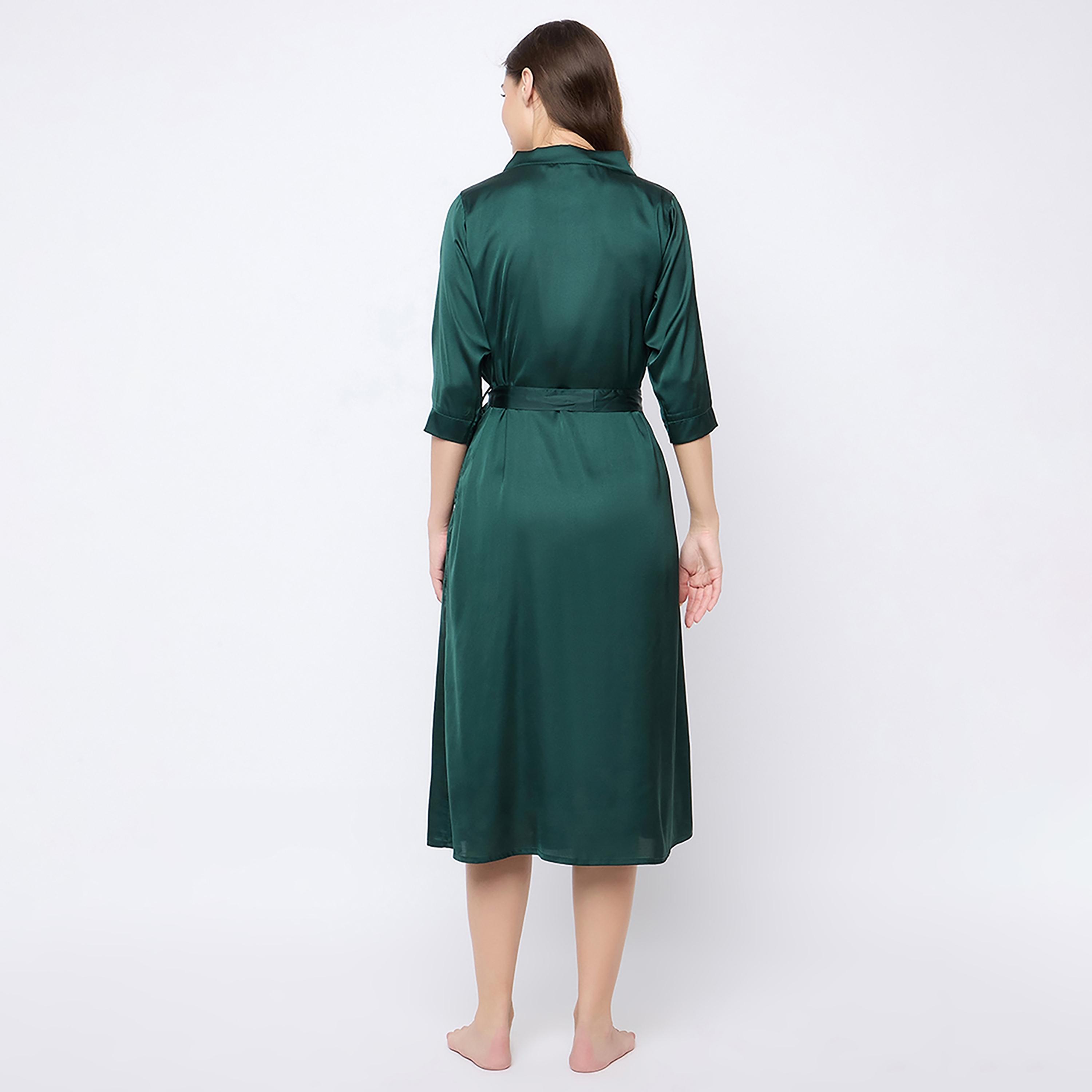 Clovia Chic Basic Long Women's Robe in Dark Green - Satin-women-clothing-nightwear-robes-image-4
