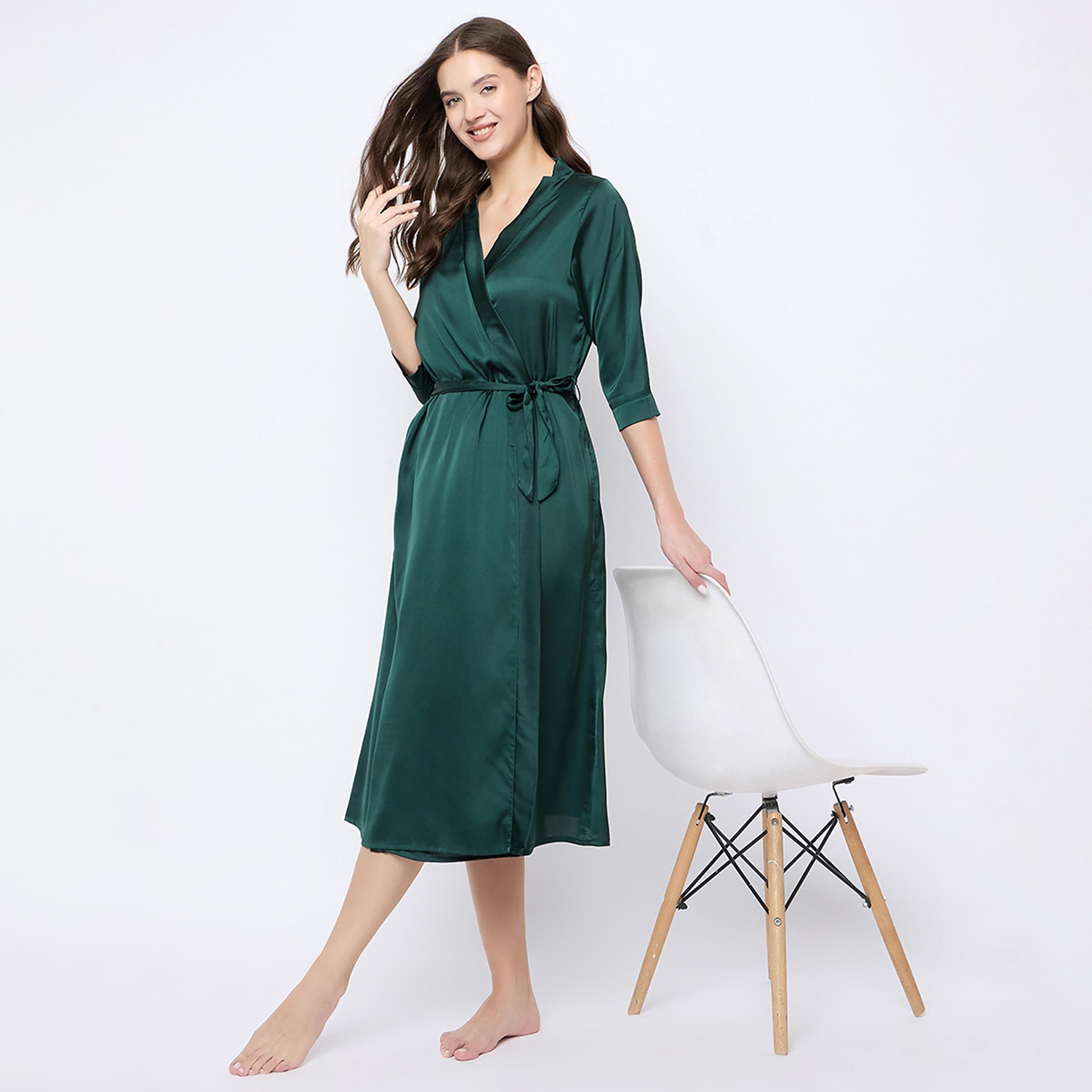 Clovia Chic Basic Long Women's Robe in Dark Green - Satin-women-clothing-nightwear-robes-image-6