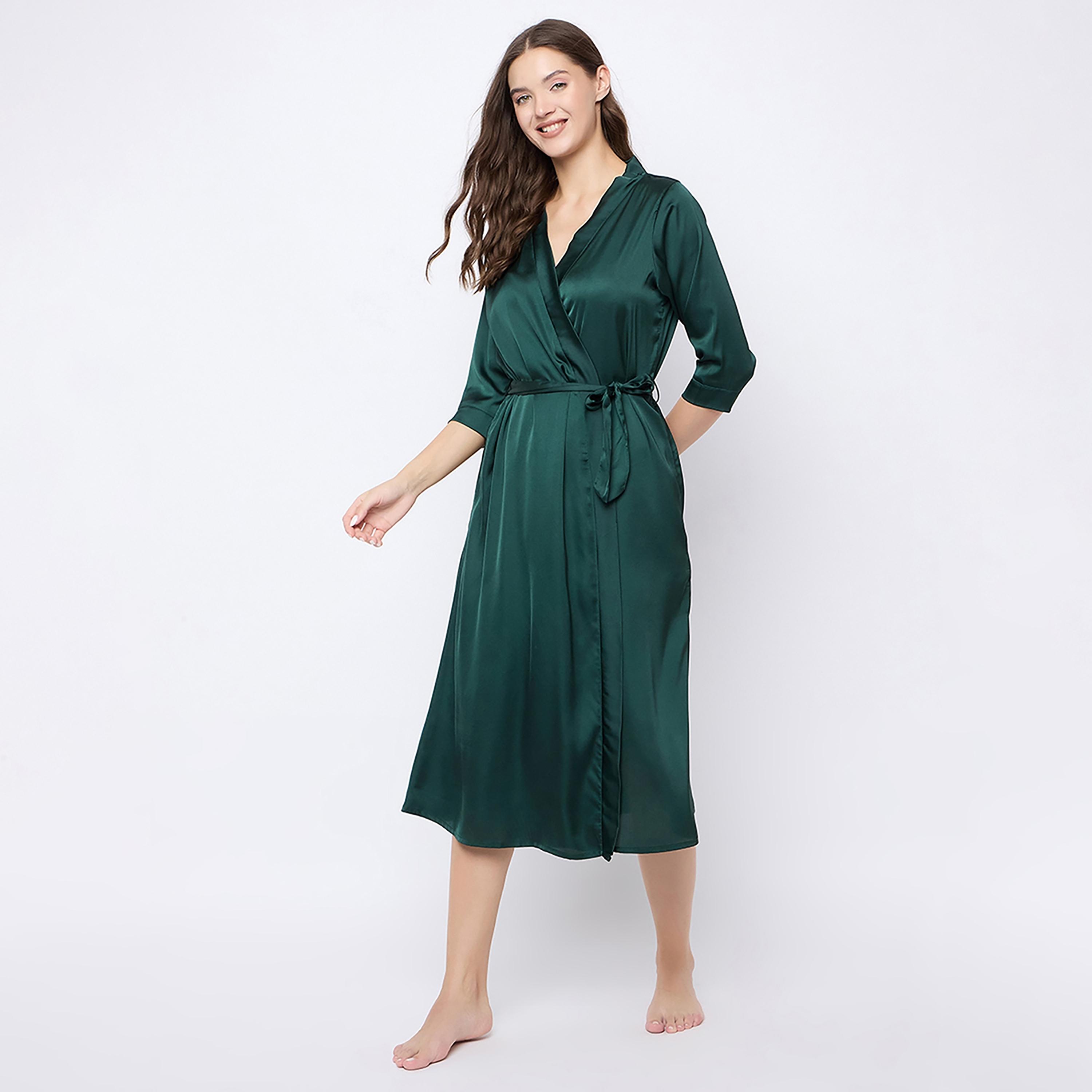 Clovia Chic Basic Long Women's Robe in Dark Green - Satin-women-clothing-nightwear-robes-image-7
