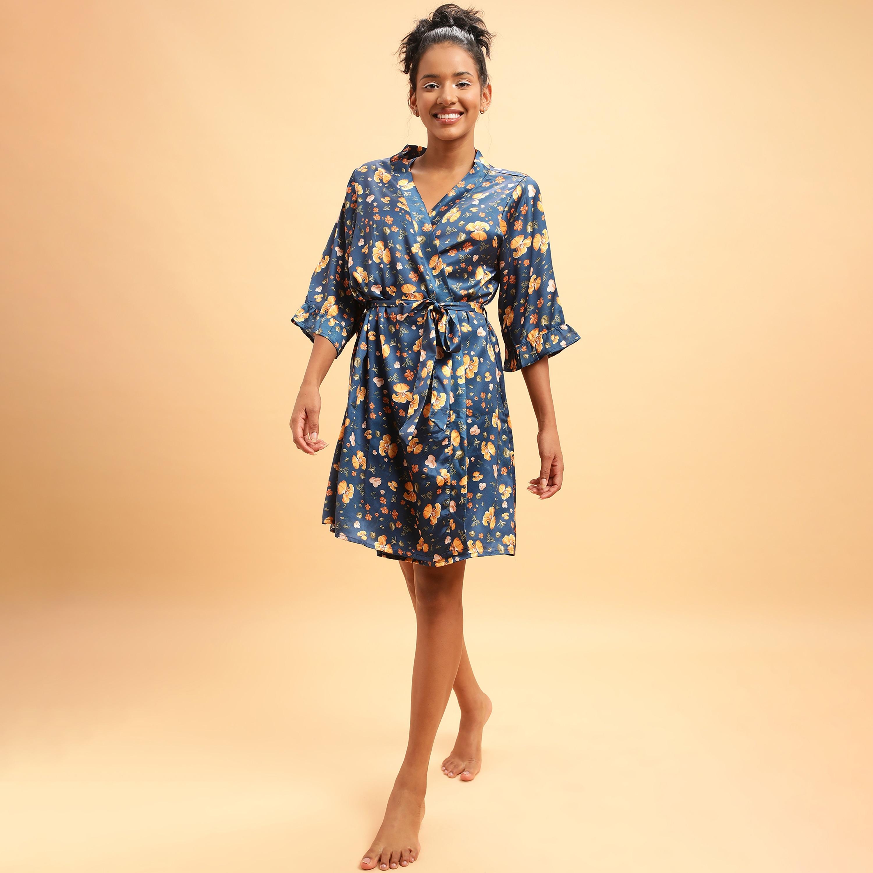 Clovia Pretty Florals Women's Robe in Teal Blue- Satin-women-clothing-nightwear-robes-image-1