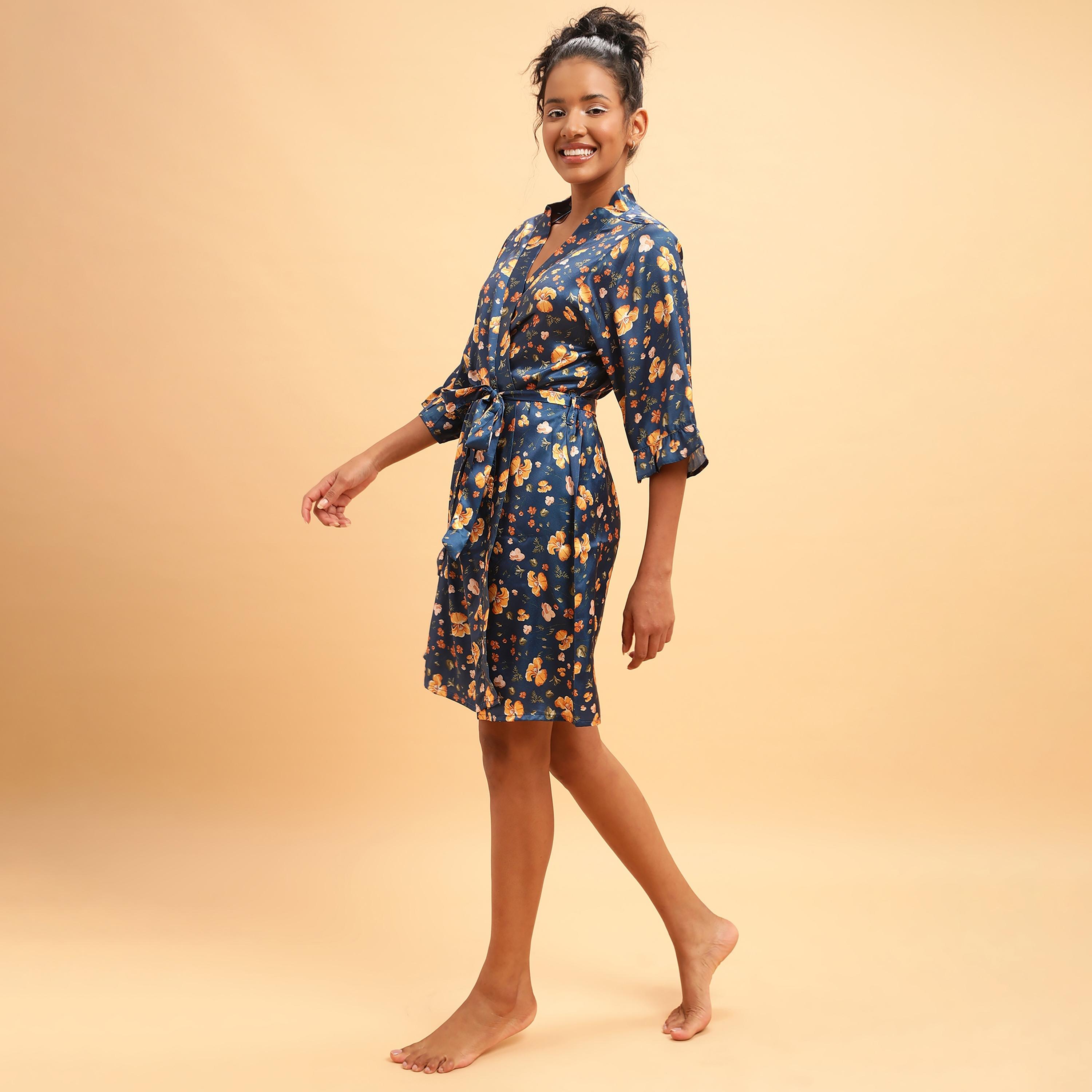 Clovia Pretty Florals Women's Robe in Teal Blue- Satin-women-clothing-nightwear-robes-image-2