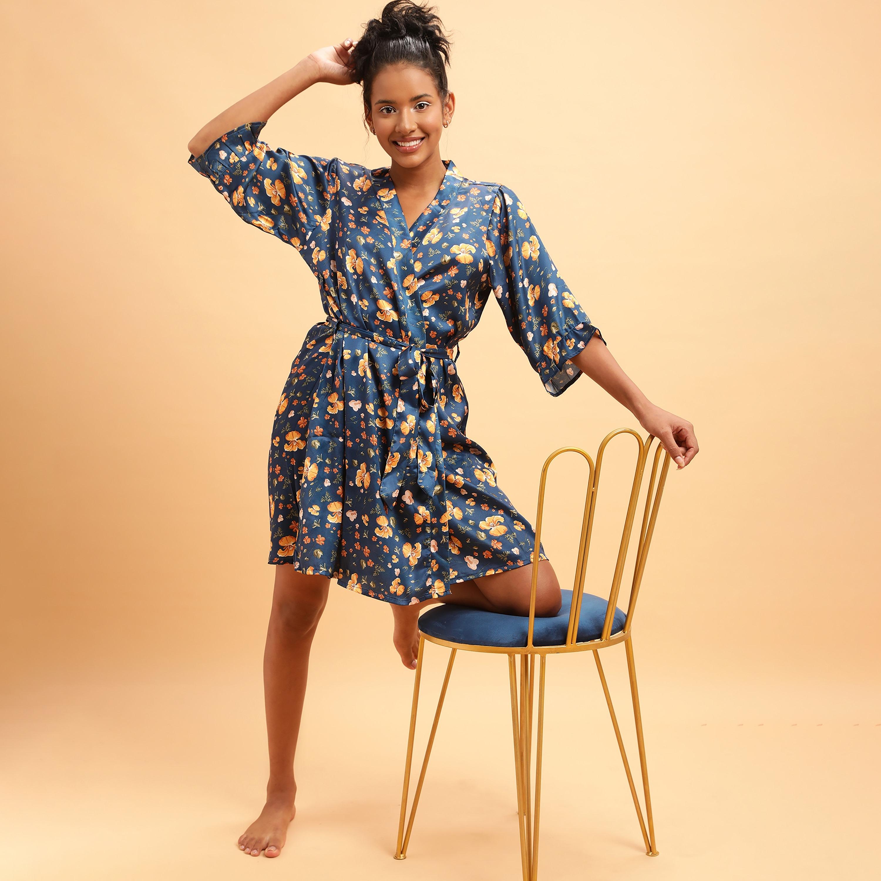 Clovia Pretty Florals Women's Robe in Teal Blue- Satin-women-clothing-nightwear-robes-image-3