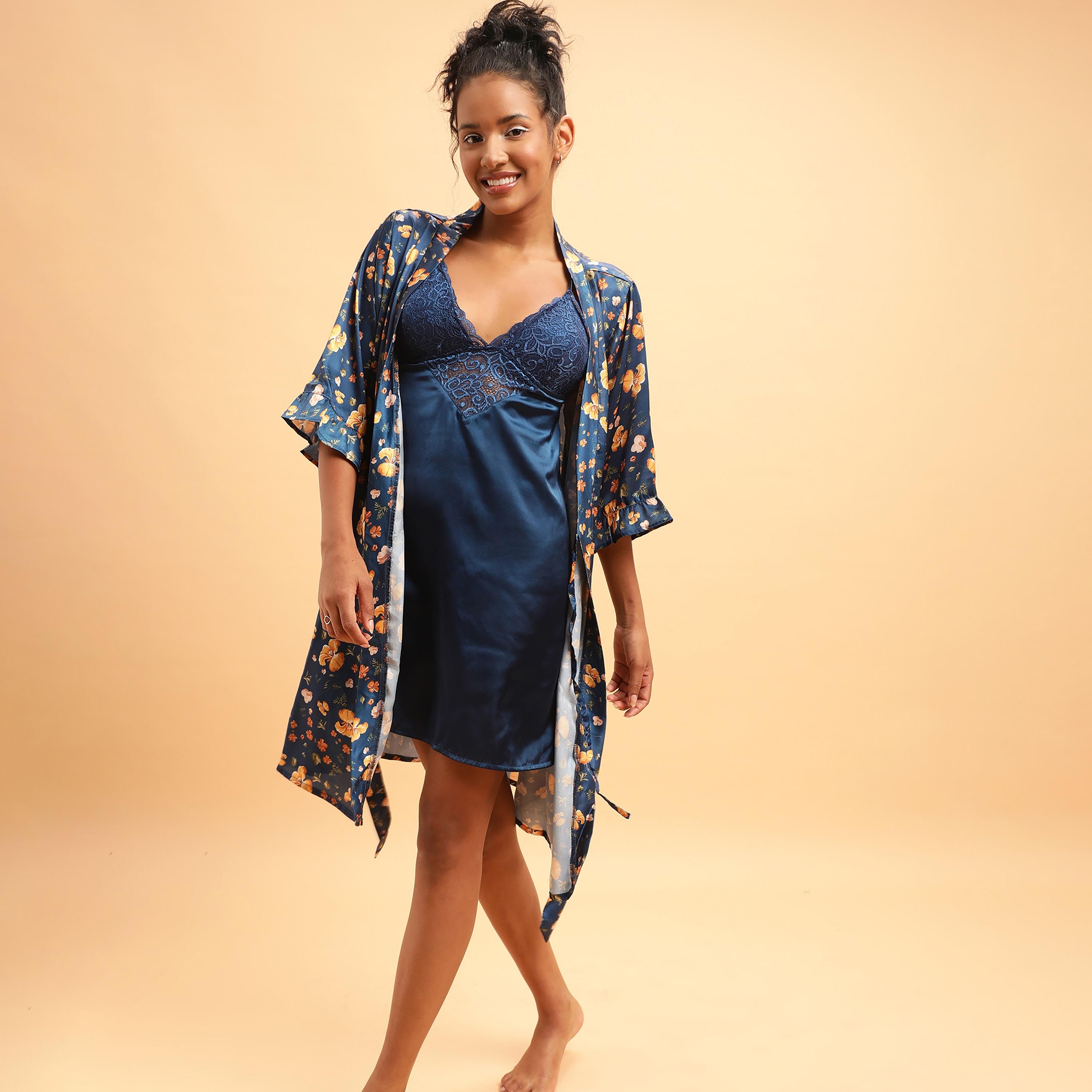 Clovia Pretty Florals Women's Robe in Teal Blue- Satin-women-clothing-nightwear-robes-image-4