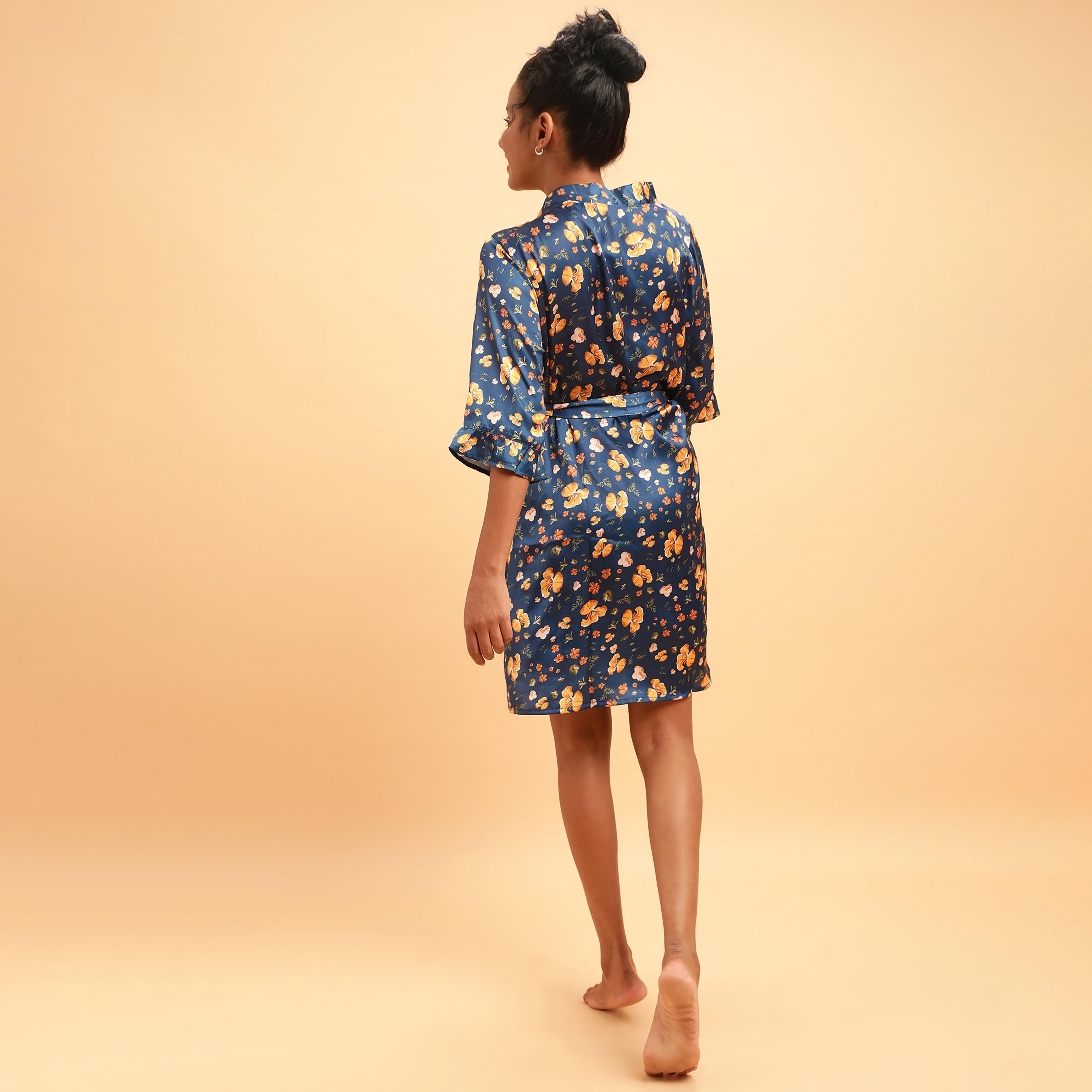 Clovia Pretty Florals Women's Robe in Teal Blue- Satin-women-clothing-nightwear-robes-image-5