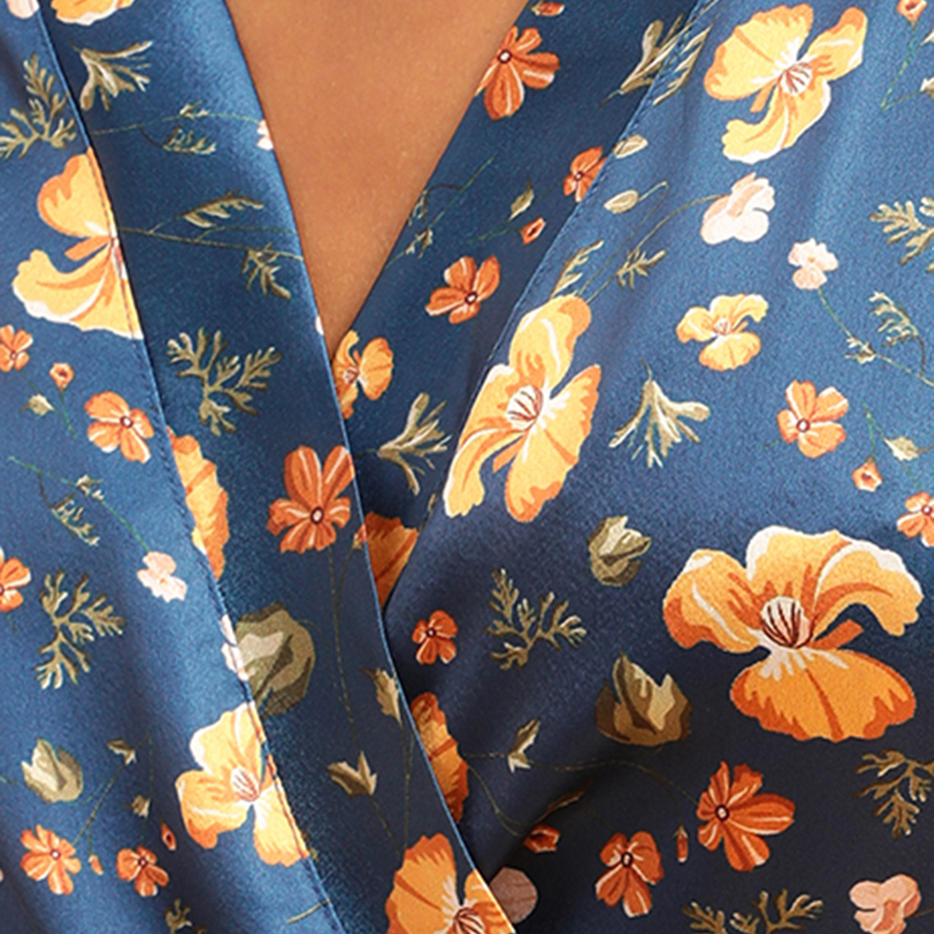 Clovia Pretty Florals Women's Robe in Teal Blue- Satin-women-clothing-nightwear-robes-image-6