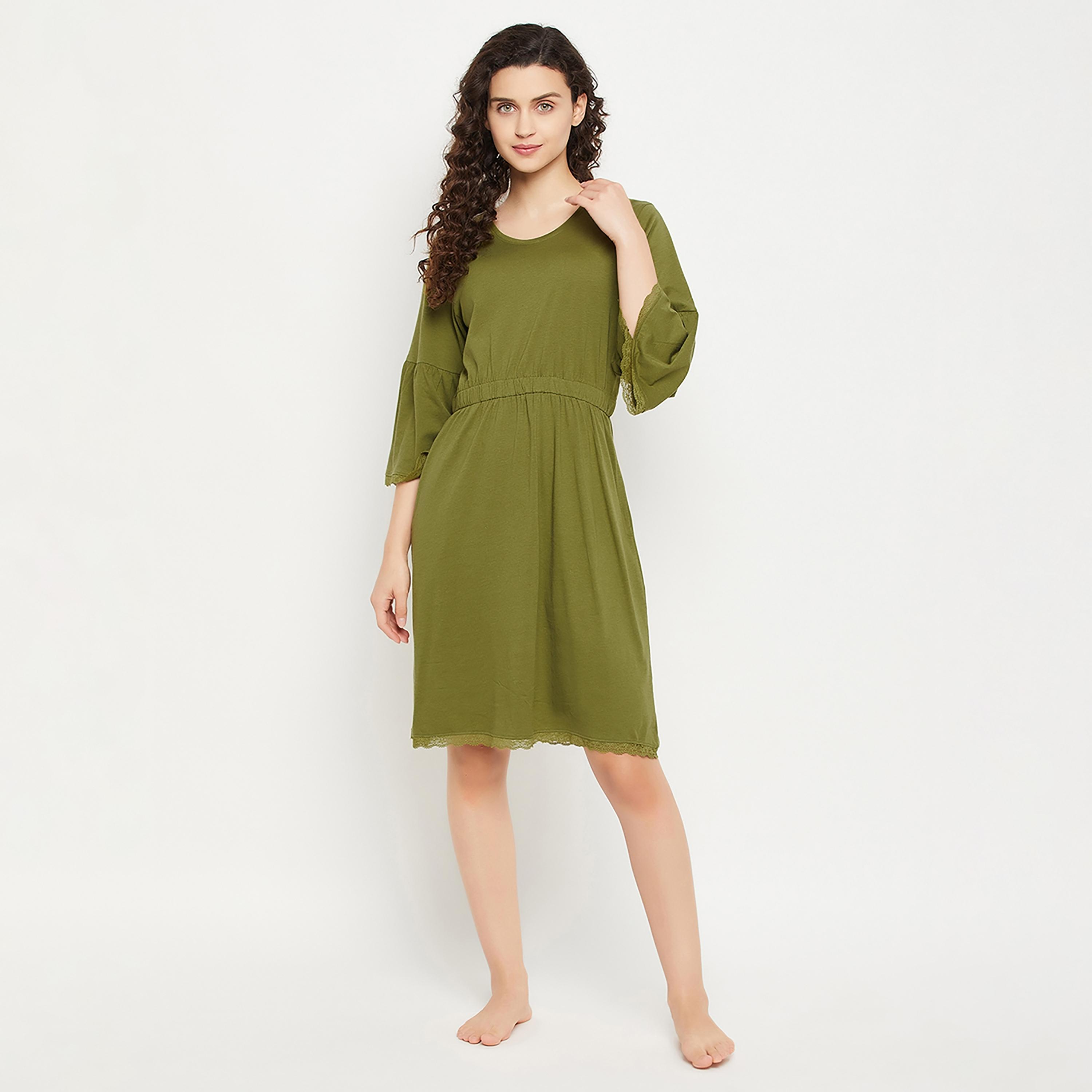 Clovia Chic Basic Short Women's Nighty in Olive Green - Modal-women-clothing-nightwear-nighties-image-1