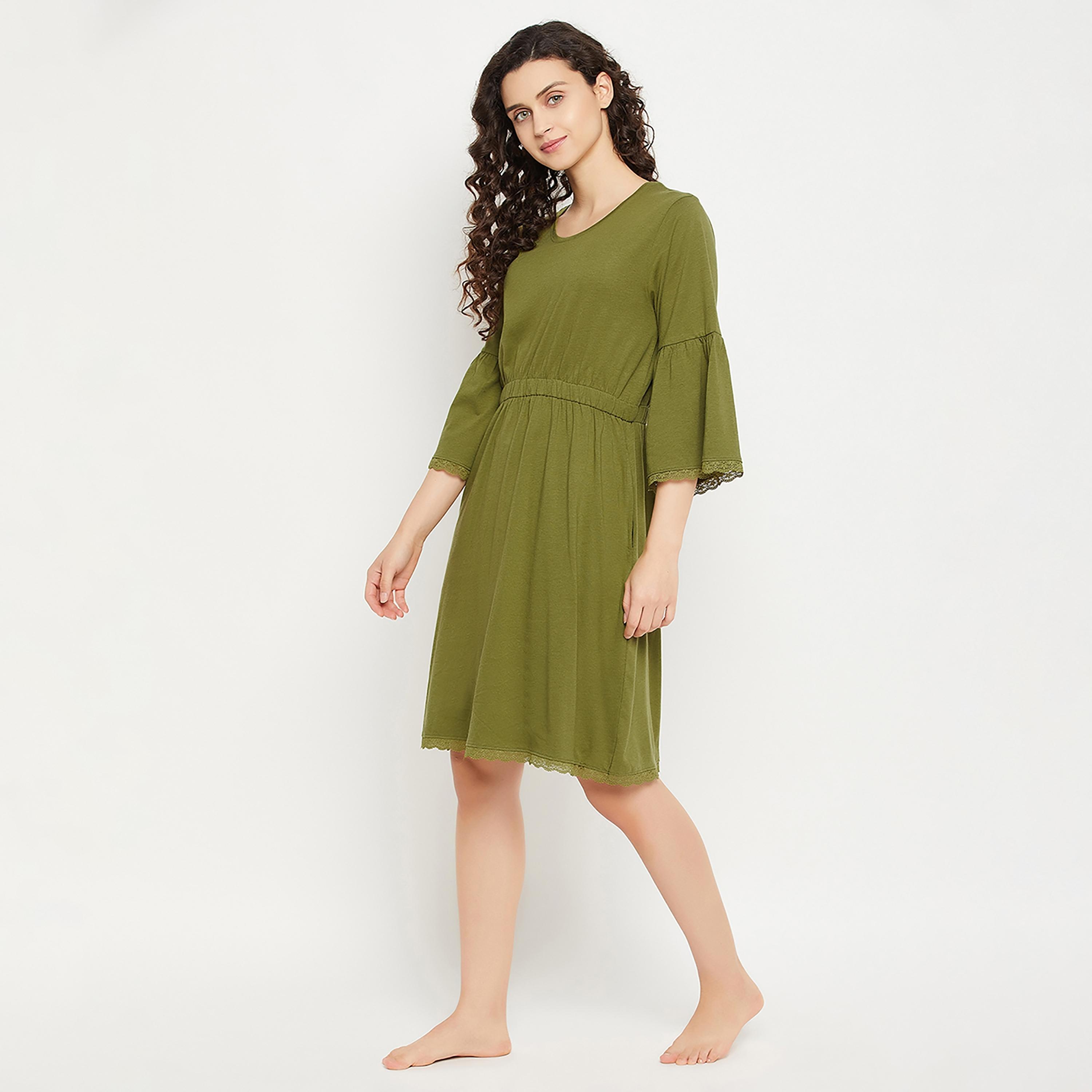 Clovia Chic Basic Short Women's Nighty in Olive Green - Modal-women-clothing-nightwear-nighties-image-2