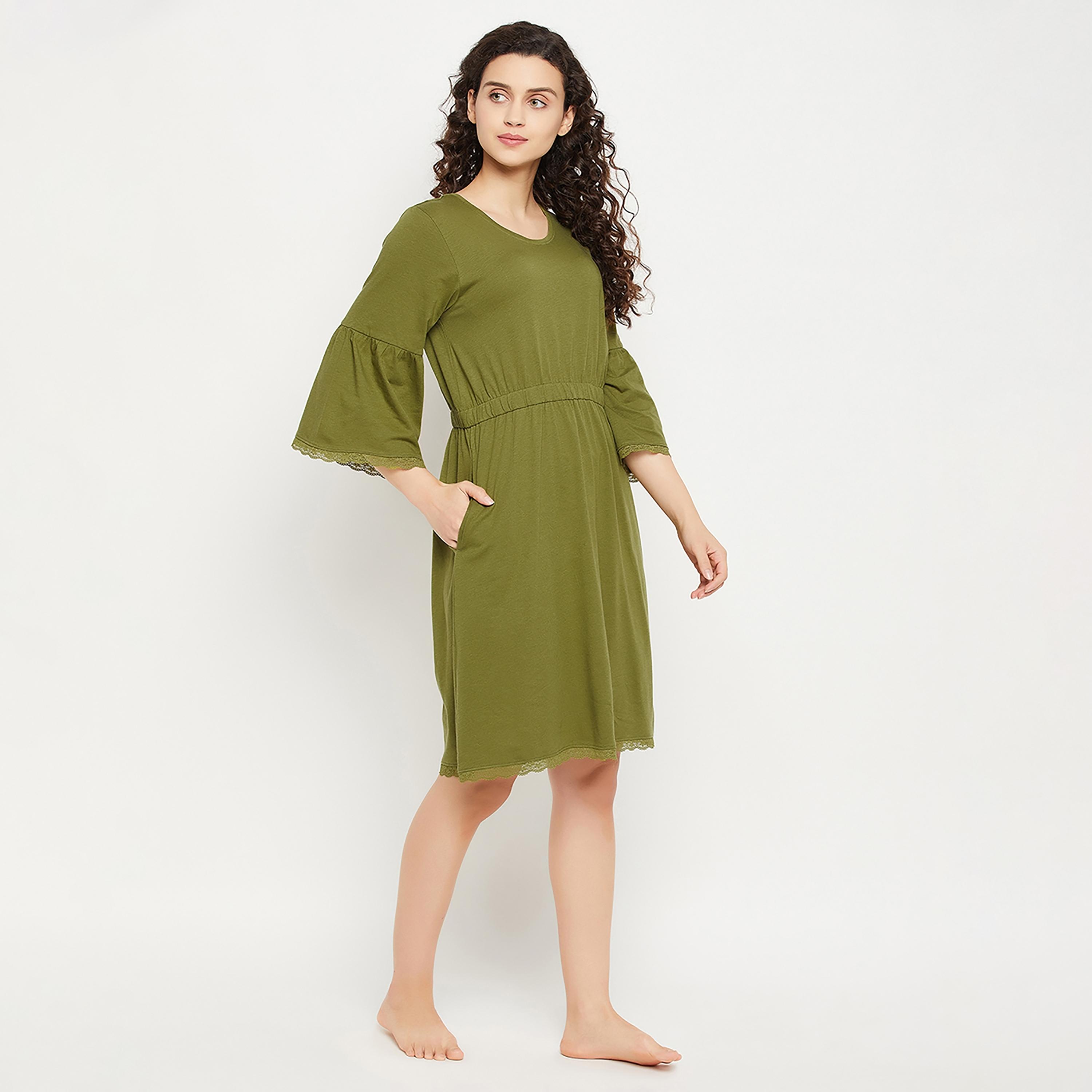 Clovia Chic Basic Short Women's Nighty in Olive Green - Modal-women-clothing-nightwear-nighties-image-3