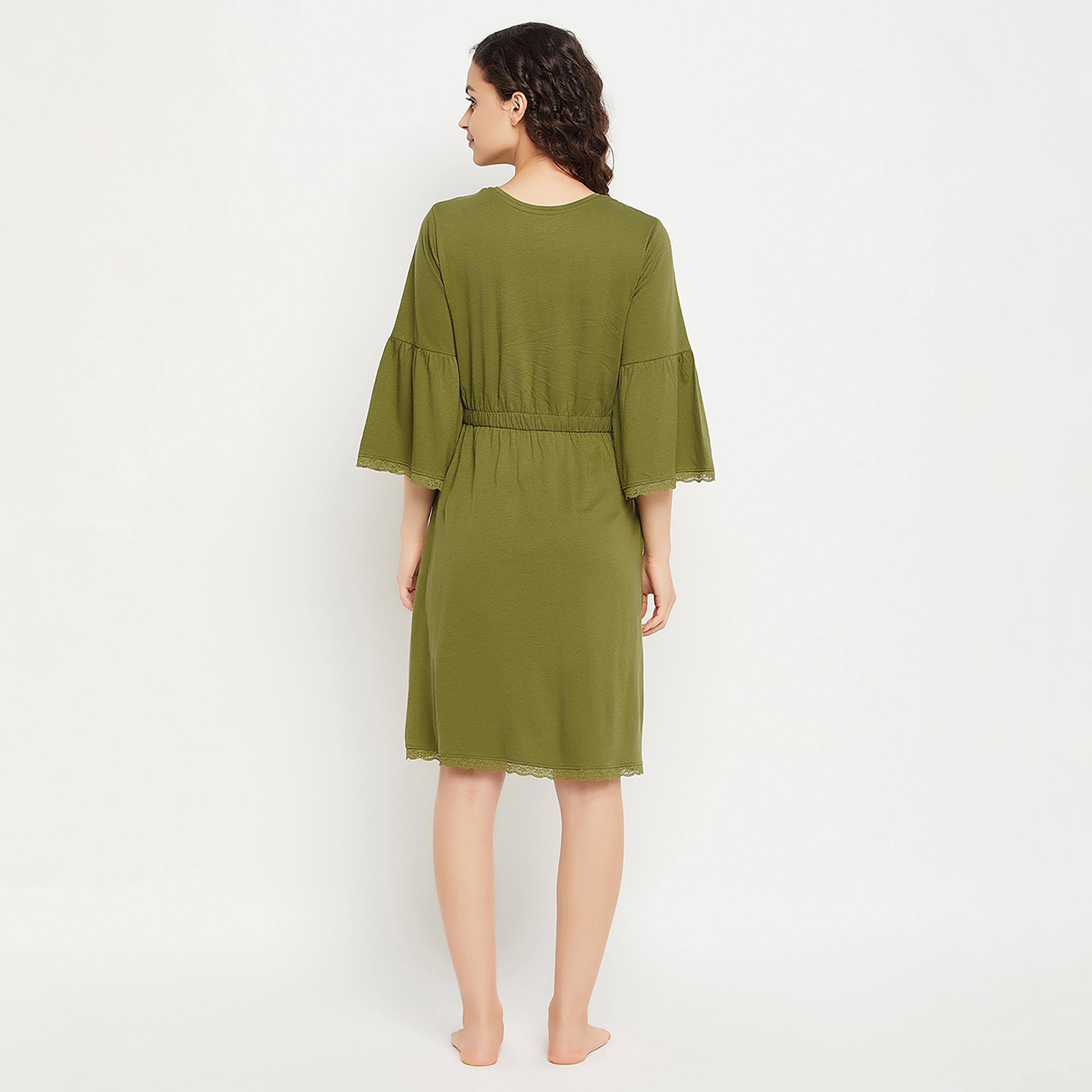 Clovia Chic Basic Short Women's Nighty in Olive Green - Modal-women-clothing-nightwear-nighties-image-4