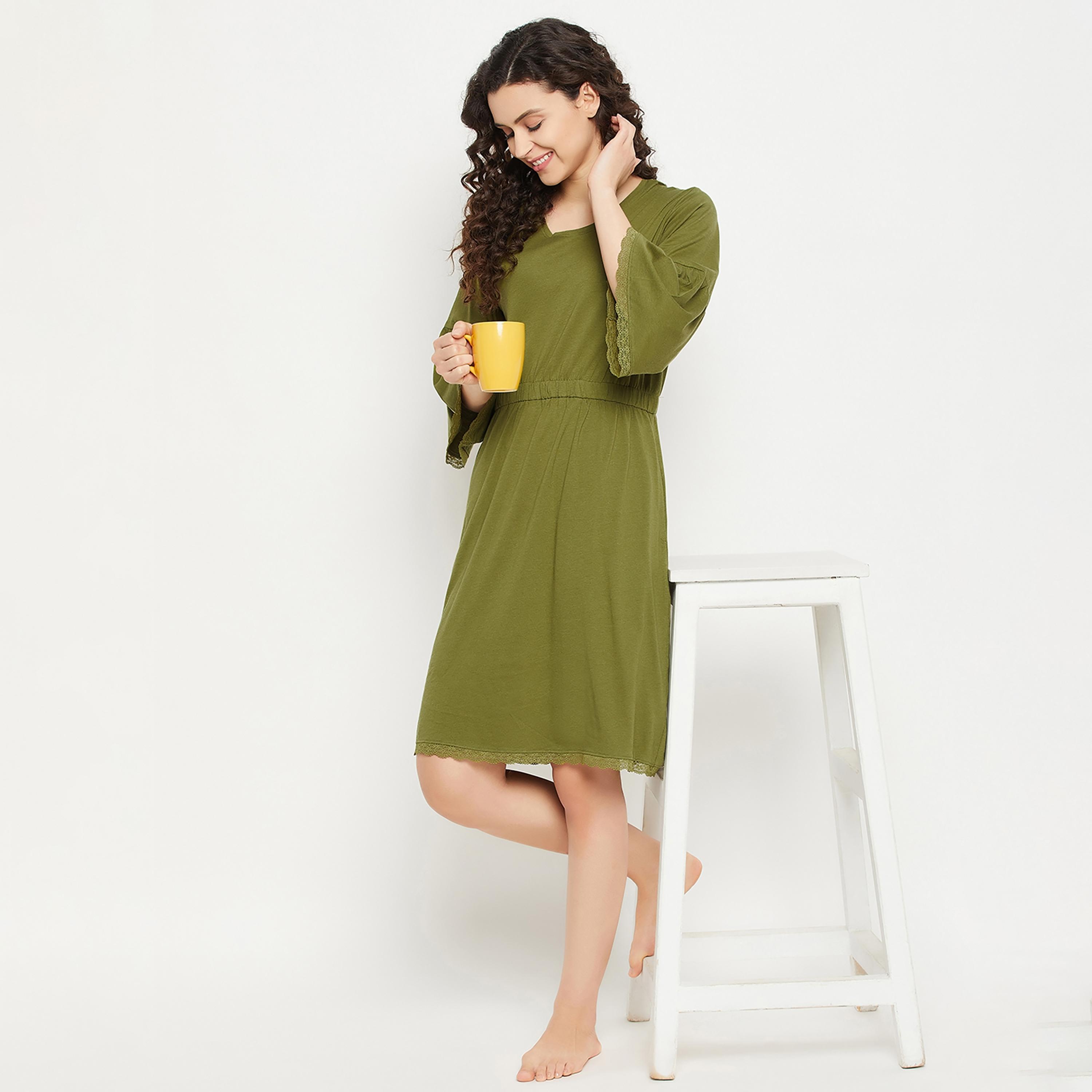 Clovia Chic Basic Short Women's Nighty in Olive Green - Modal-women-clothing-nightwear-nighties-image-6