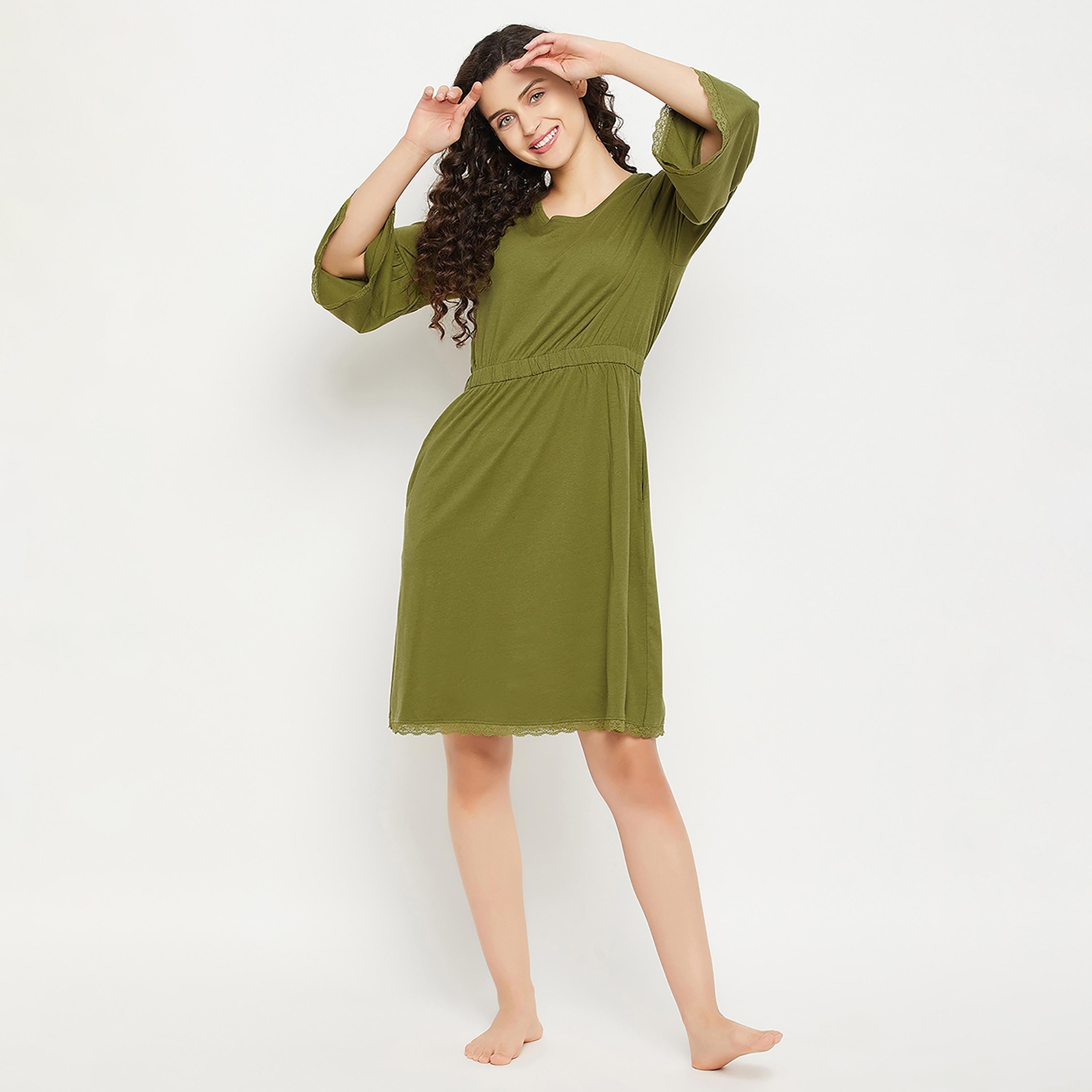 Clovia Chic Basic Short Women's Nighty in Olive Green - Modal-women-clothing-nightwear-nighties-image-7