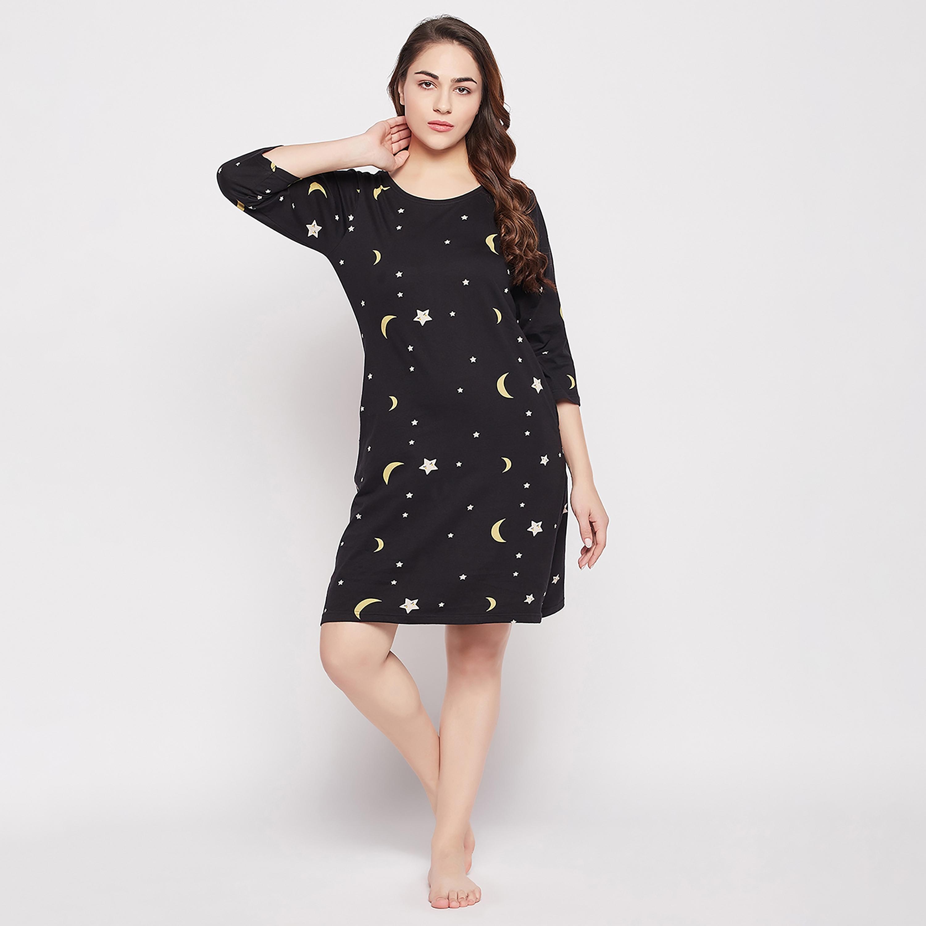 فستان نوم نسائي قصير بطبعة سمكة باللون الأسود من كلوفيا - قطن خالص-women-clothing-nightwear-nighties-image-2