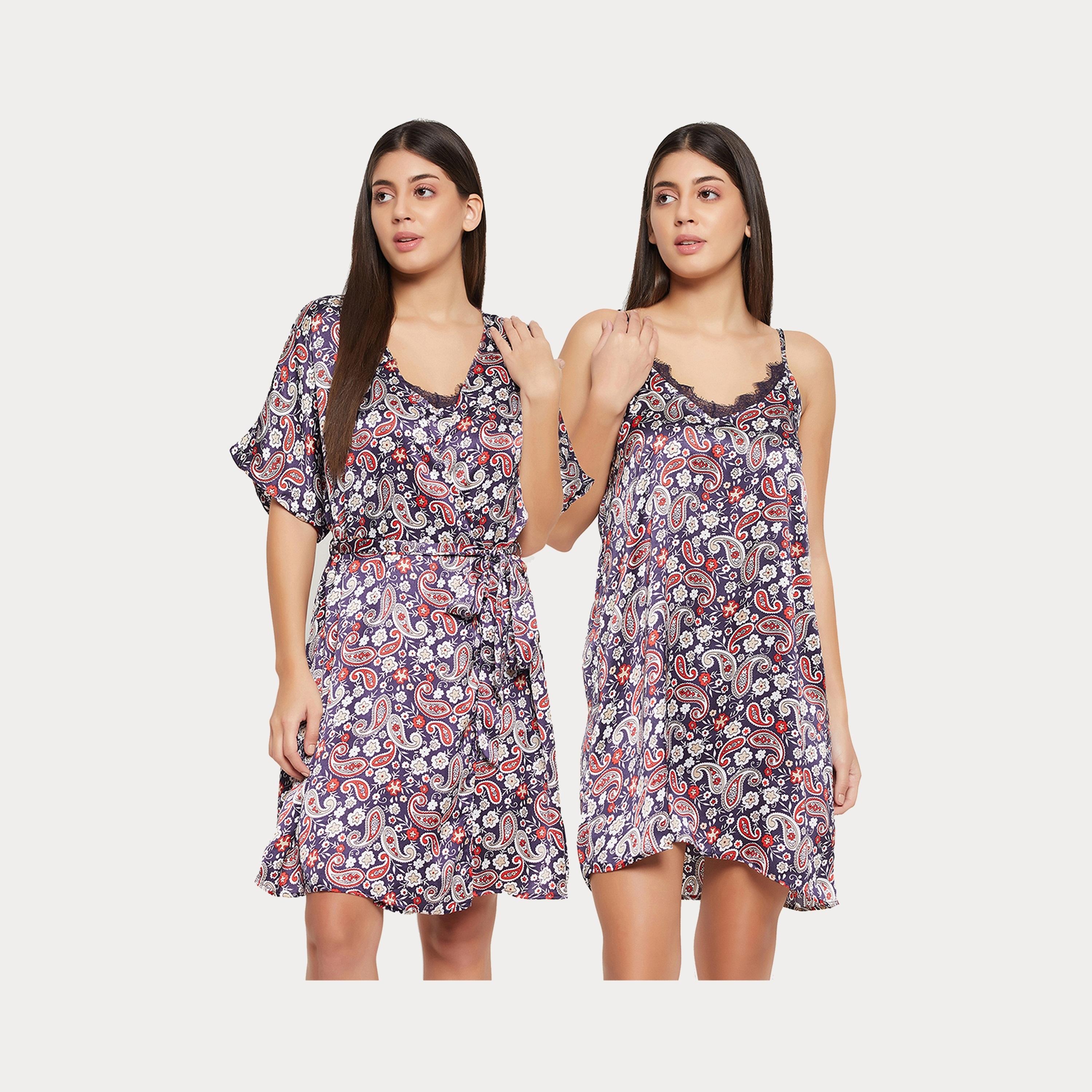 طقم فستان نوم قصير بطبعة بيزلي وروب نسائي باللون الأزرق الداكن من كلوفيا - ساتان-women-clothing-nightwear-robes-image-1