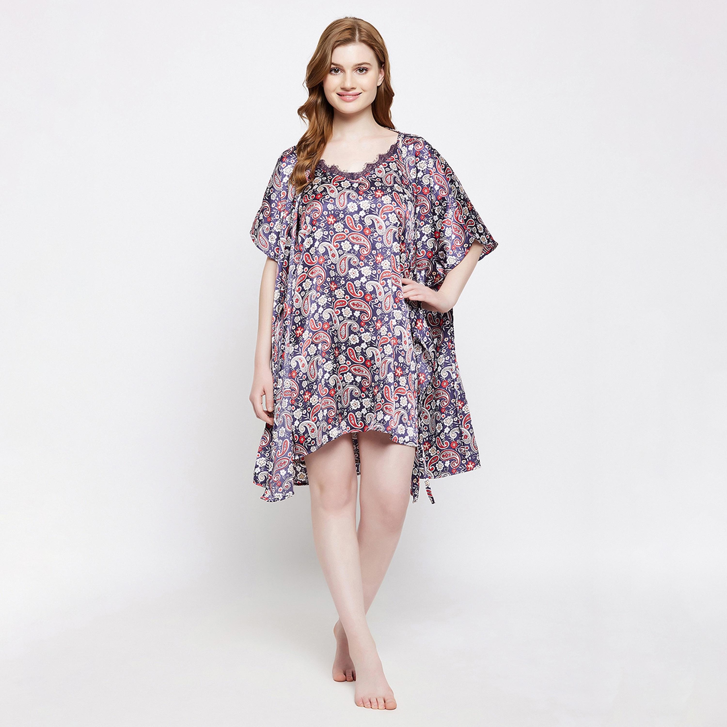 طقم فستان نوم قصير بطبعة بيزلي وروب نسائي باللون الأزرق الداكن من كلوفيا - ساتان-women-clothing-nightwear-robes-image-2