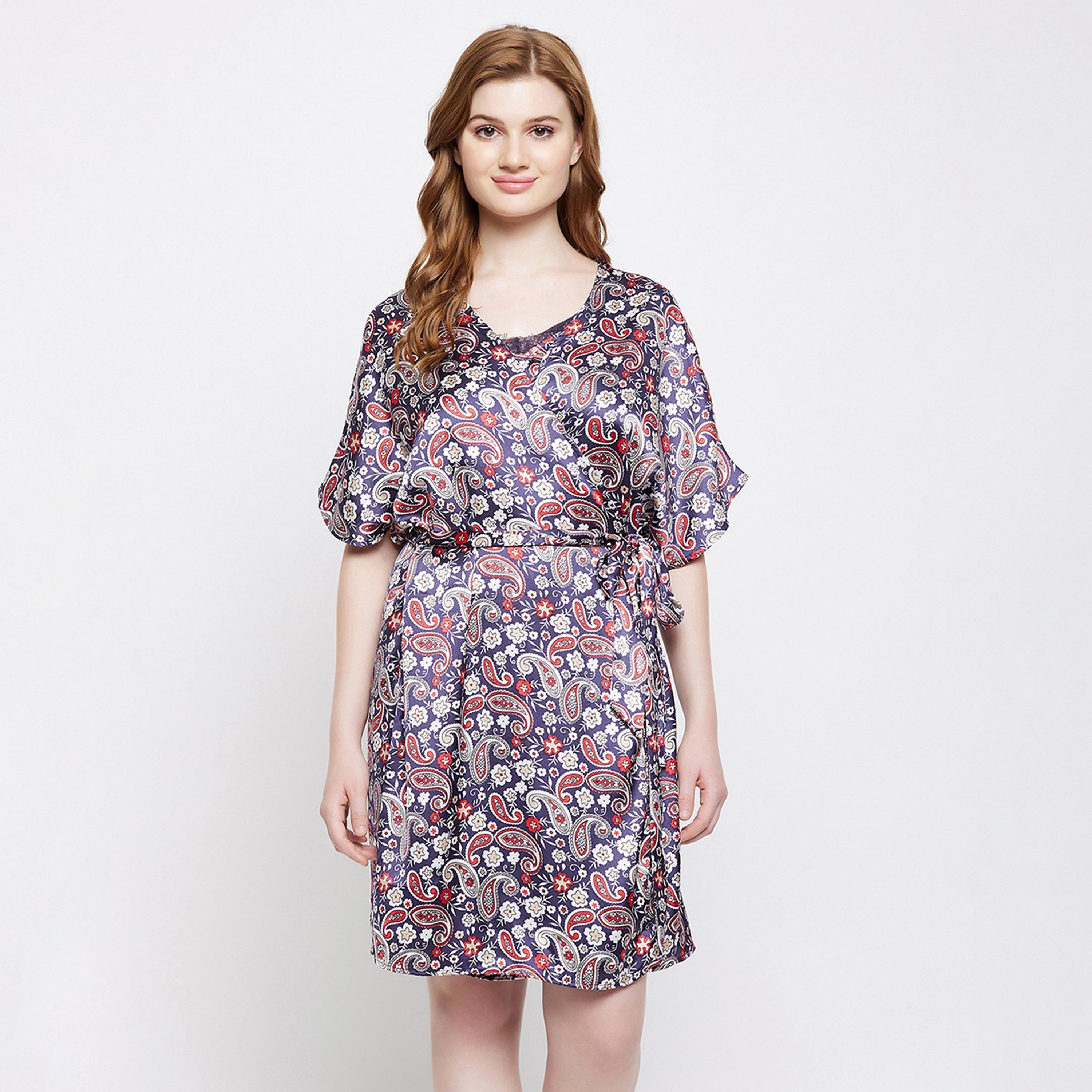 طقم فستان نوم قصير بطبعة بيزلي وروب نسائي باللون الأزرق الداكن من كلوفيا - ساتان-women-clothing-nightwear-robes-image-3