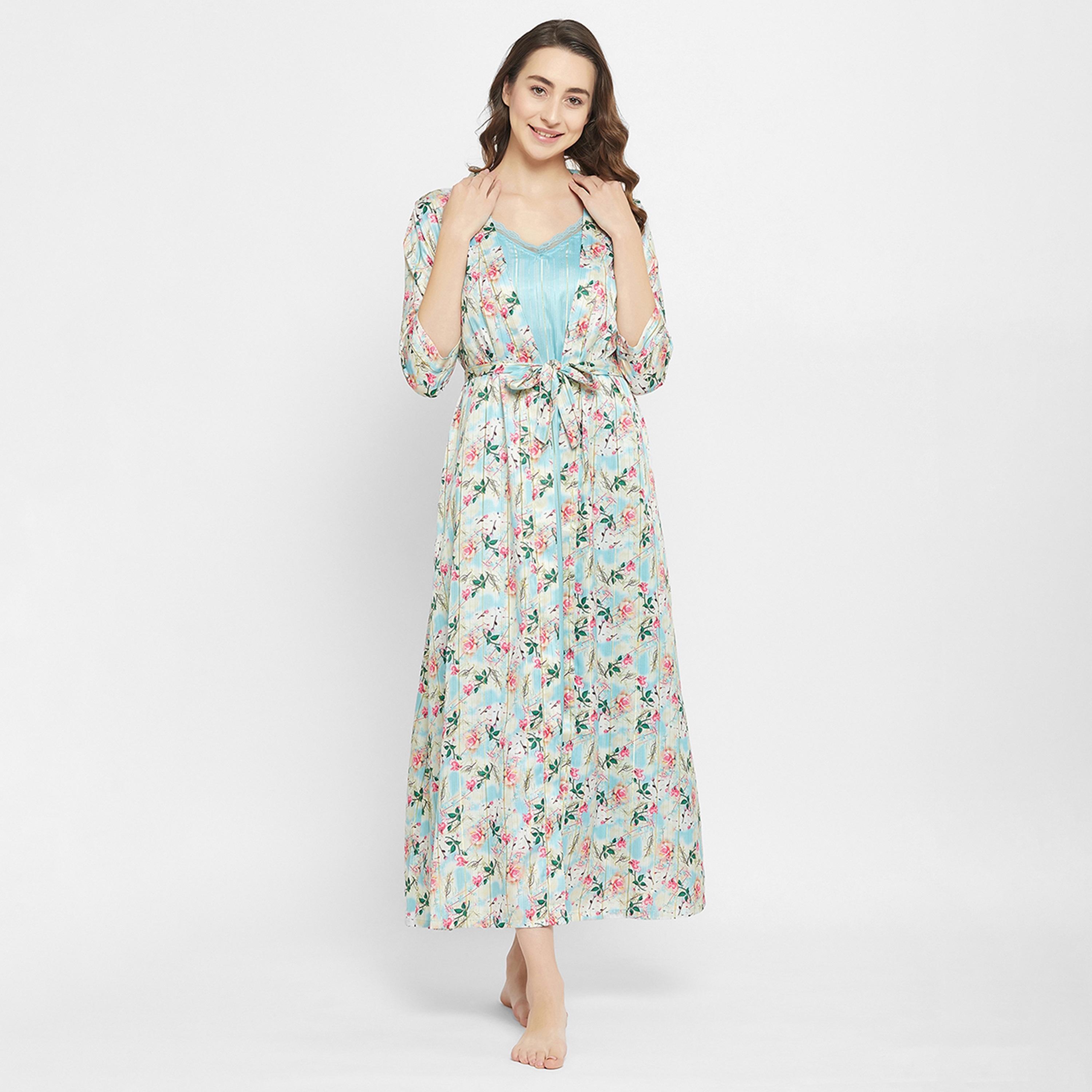 Clovia Chic Basic Long Night Dress & Pretty Floral Women's Robe in Sky Blue - Satin-women-clothing-nightwear-robes-image-1