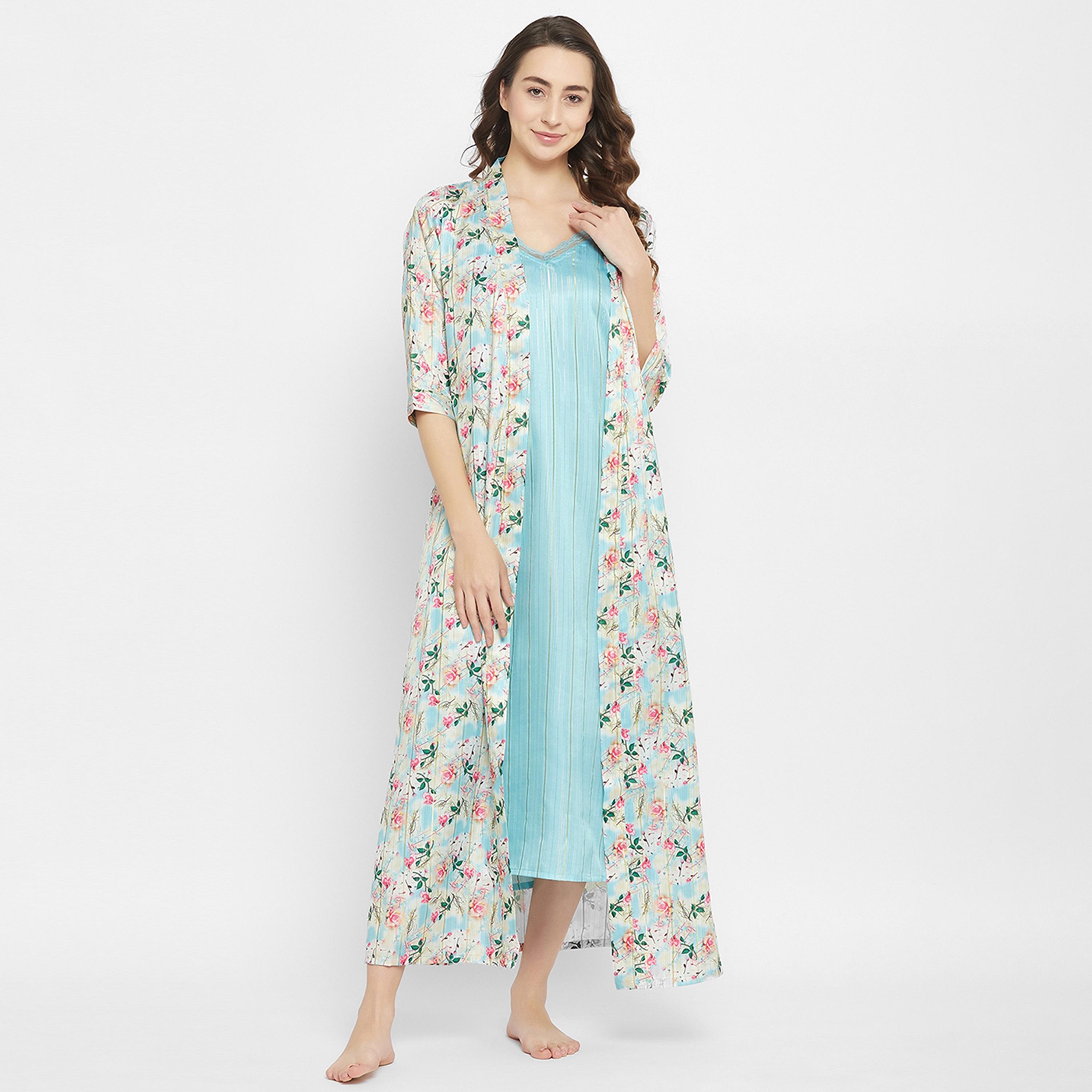 Clovia Chic Basic Long Night Dress & Pretty Floral Women's Robe in Sky Blue - Satin-women-clothing-nightwear-robes-image-11