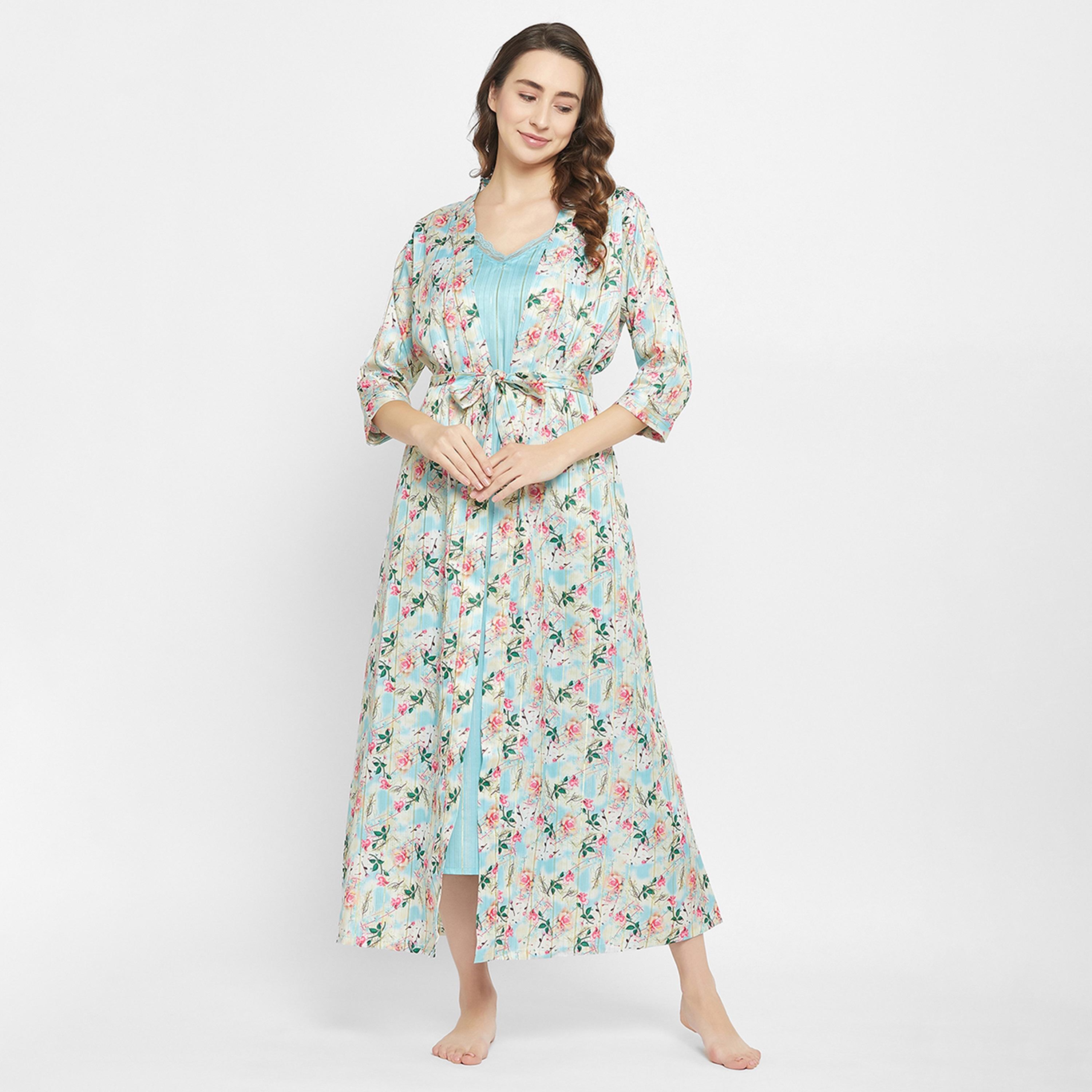 Clovia Chic Basic Long Night Dress & Pretty Floral Women's Robe in Sky Blue - Satin-women-clothing-nightwear-robes-image-13