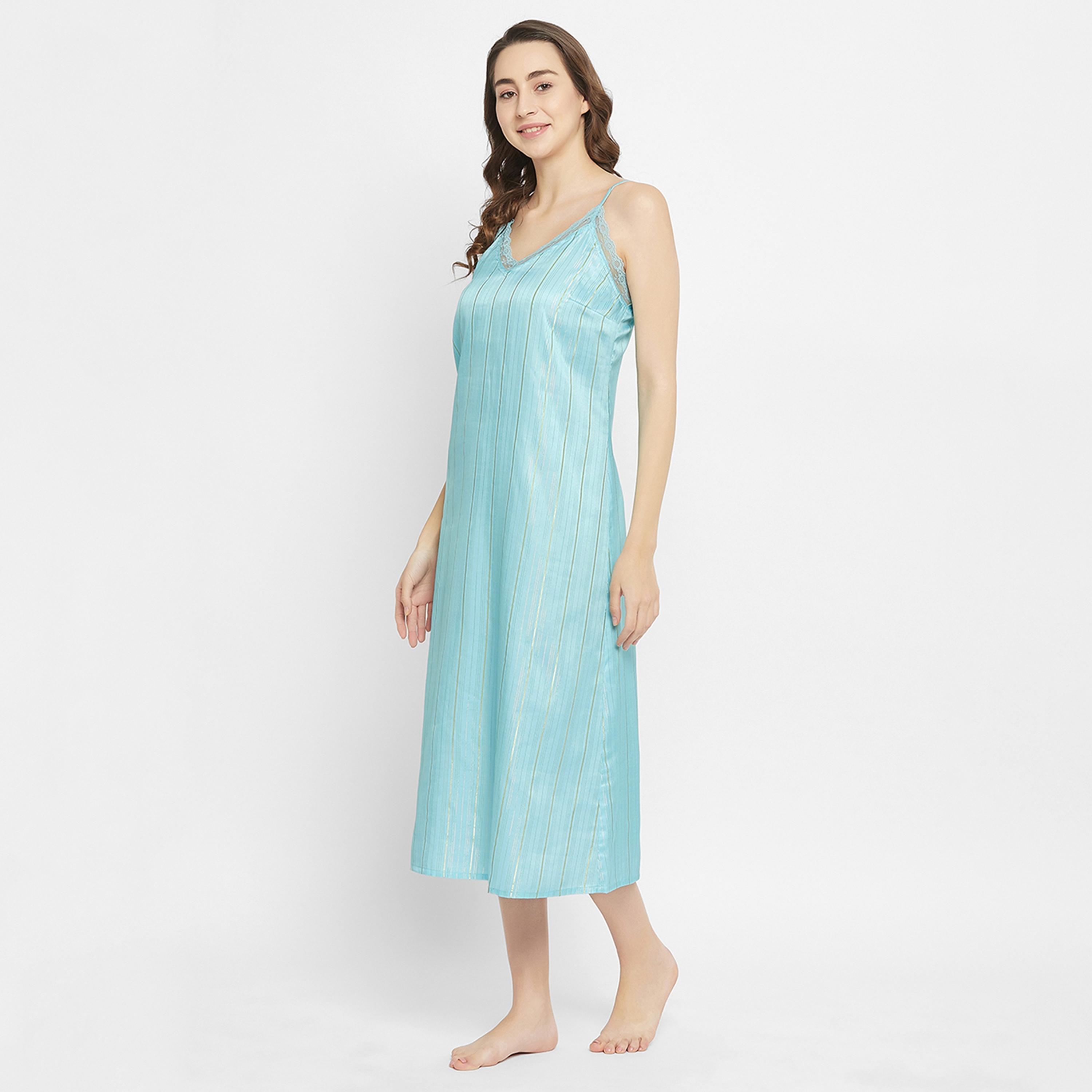 Clovia Chic Basic Long Night Dress & Pretty Floral Women's Robe in Sky Blue - Satin-women-clothing-nightwear-robes-image-2
