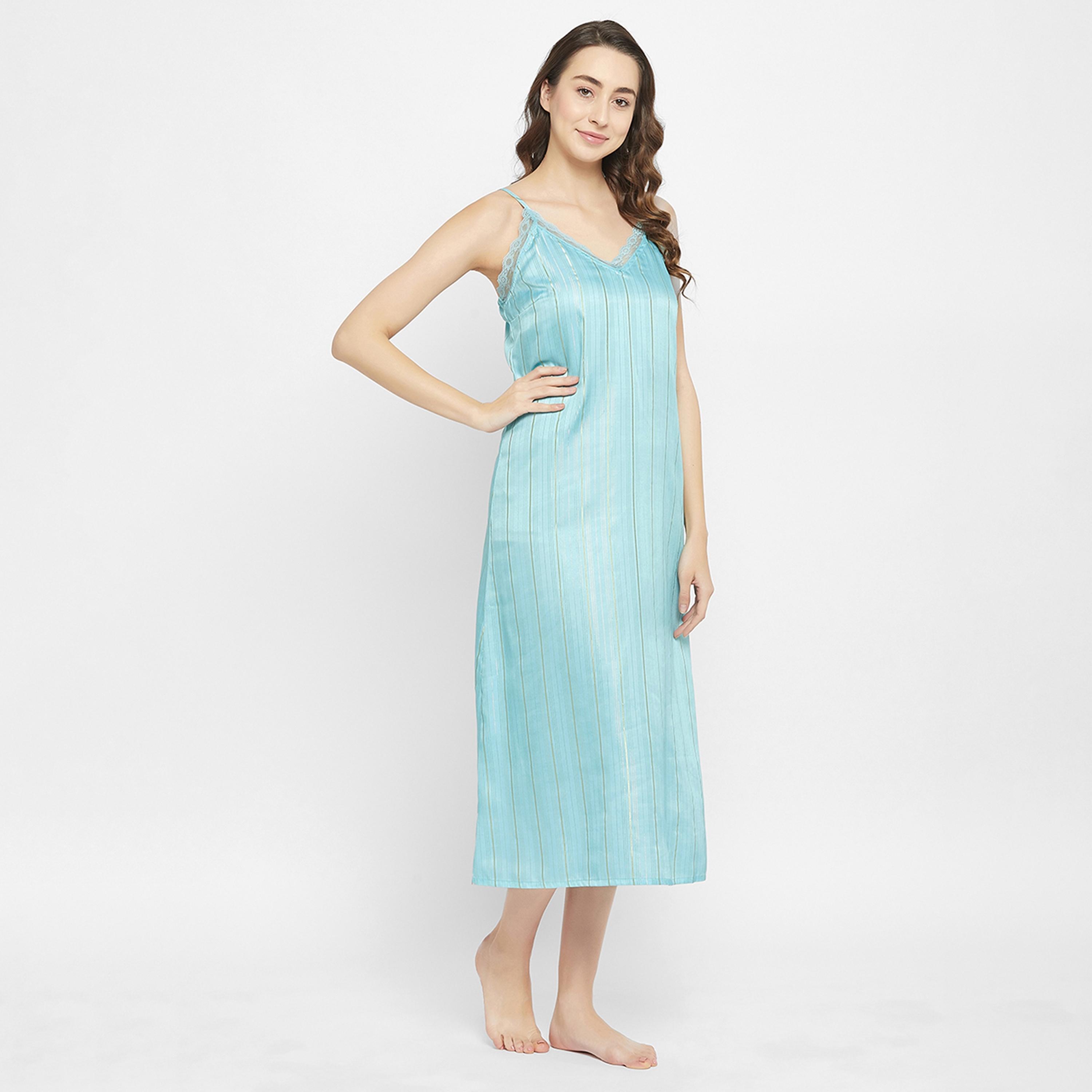 Clovia Chic Basic Long Night Dress & Pretty Floral Women's Robe in Sky Blue - Satin-women-clothing-nightwear-robes-image-3