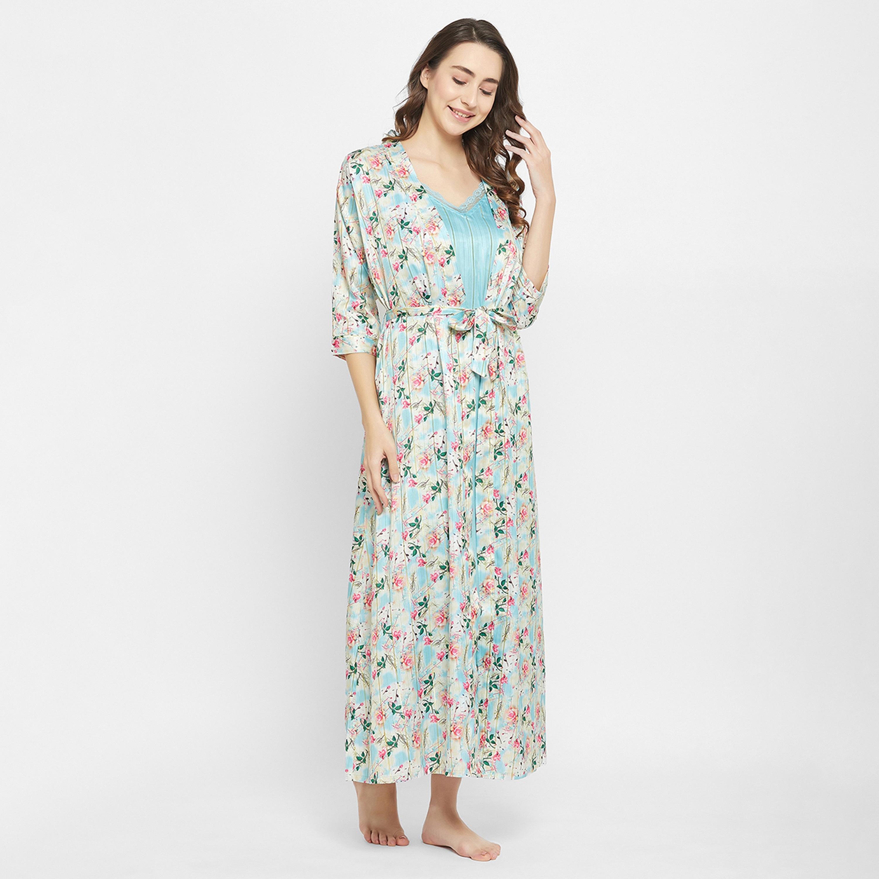 Clovia Chic Basic Long Night Dress & Pretty Floral Women's Robe in Sky Blue - Satin-women-clothing-nightwear-robes-image-8