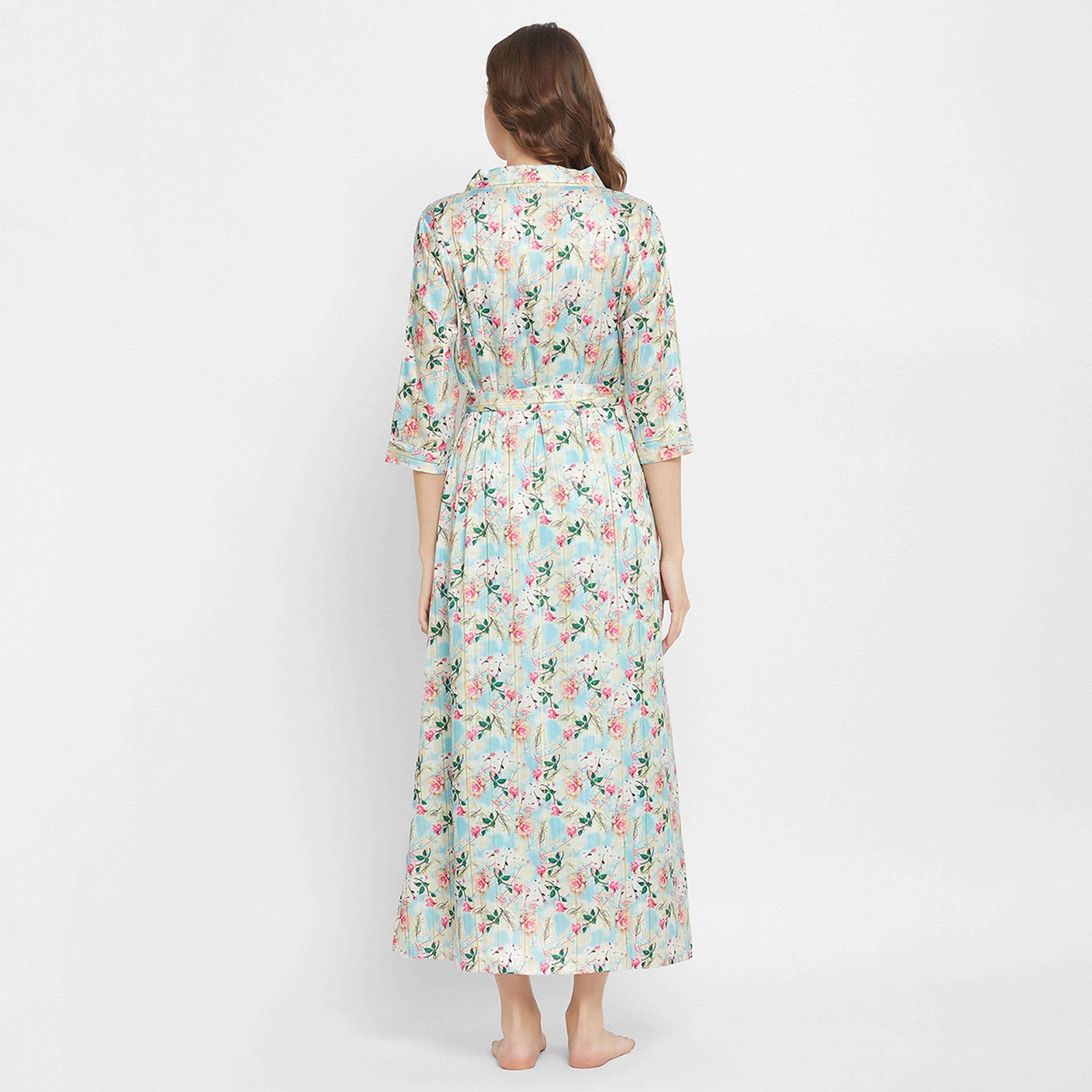 Clovia Chic Basic Long Night Dress & Pretty Floral Women's Robe in Sky Blue - Satin-women-clothing-nightwear-robes-image-9