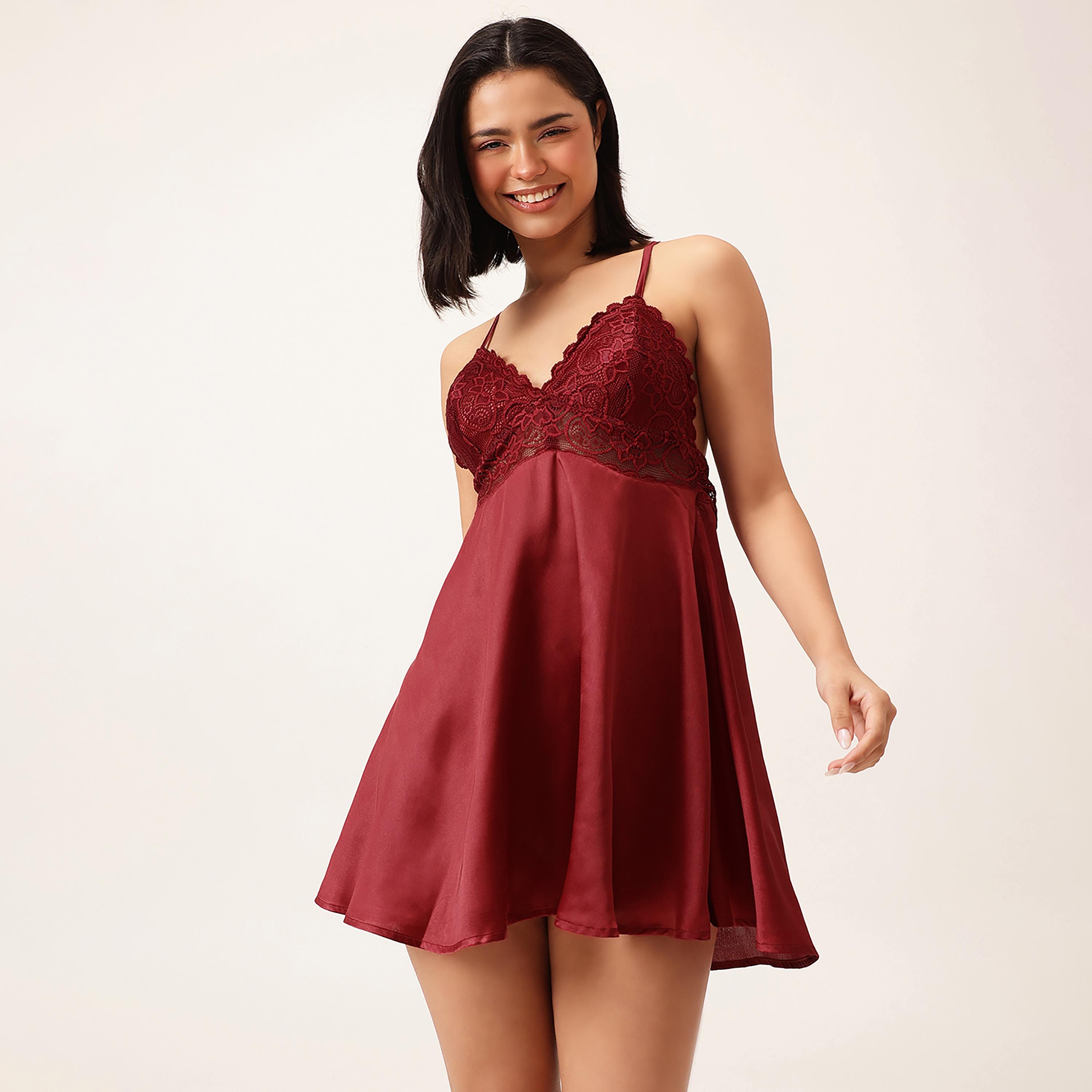 قميص نوم "بيبي دول" مبطن "شيك بيسك" - ستان ماروني من كلوفيا-women-clothing-lingerie-babydollsandbodysuits-image-1