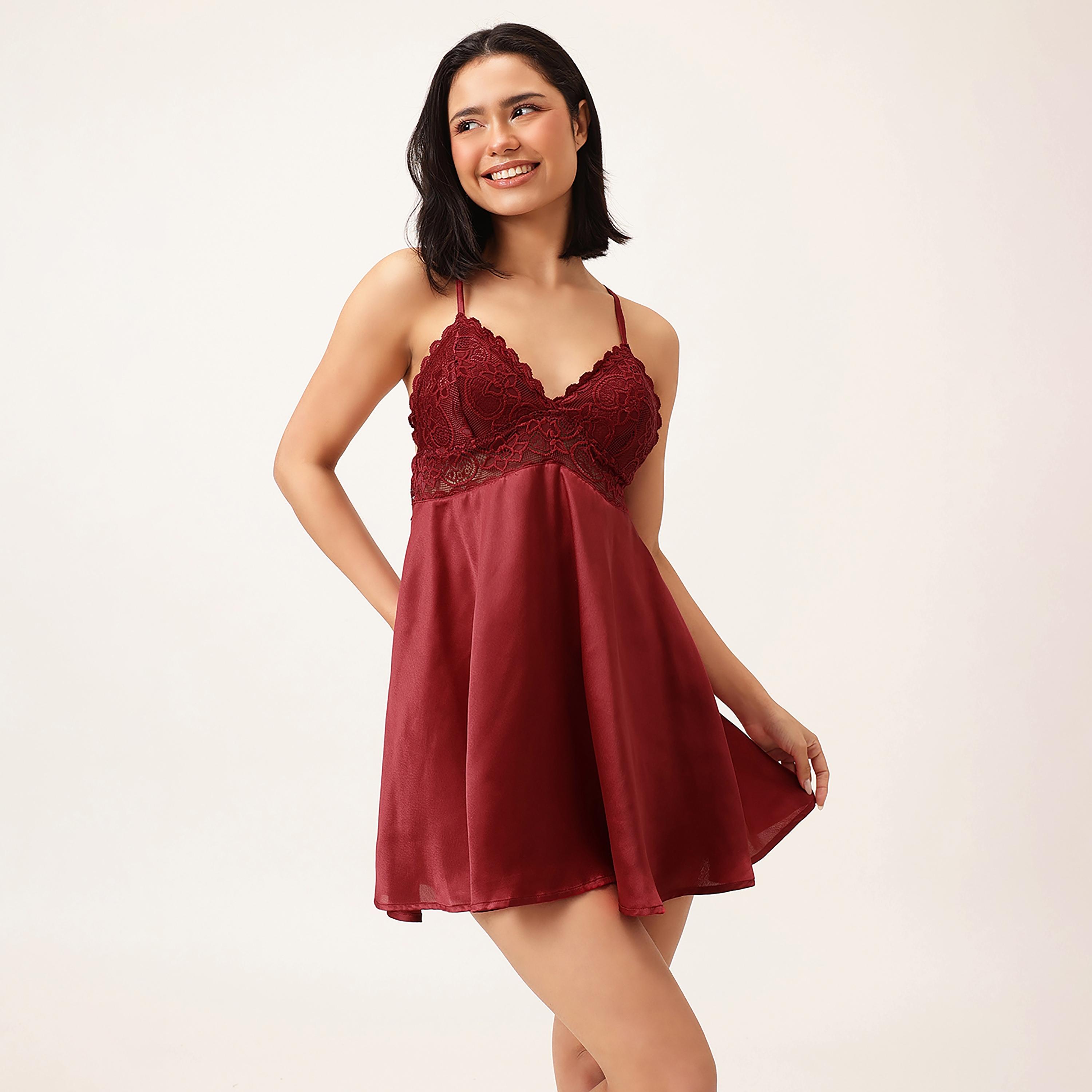 Clovia Chic Basic Padded Women's Babydoll in Maroon - Satin-women-clothing-lingerie-babydollsandbodysuits-image-3