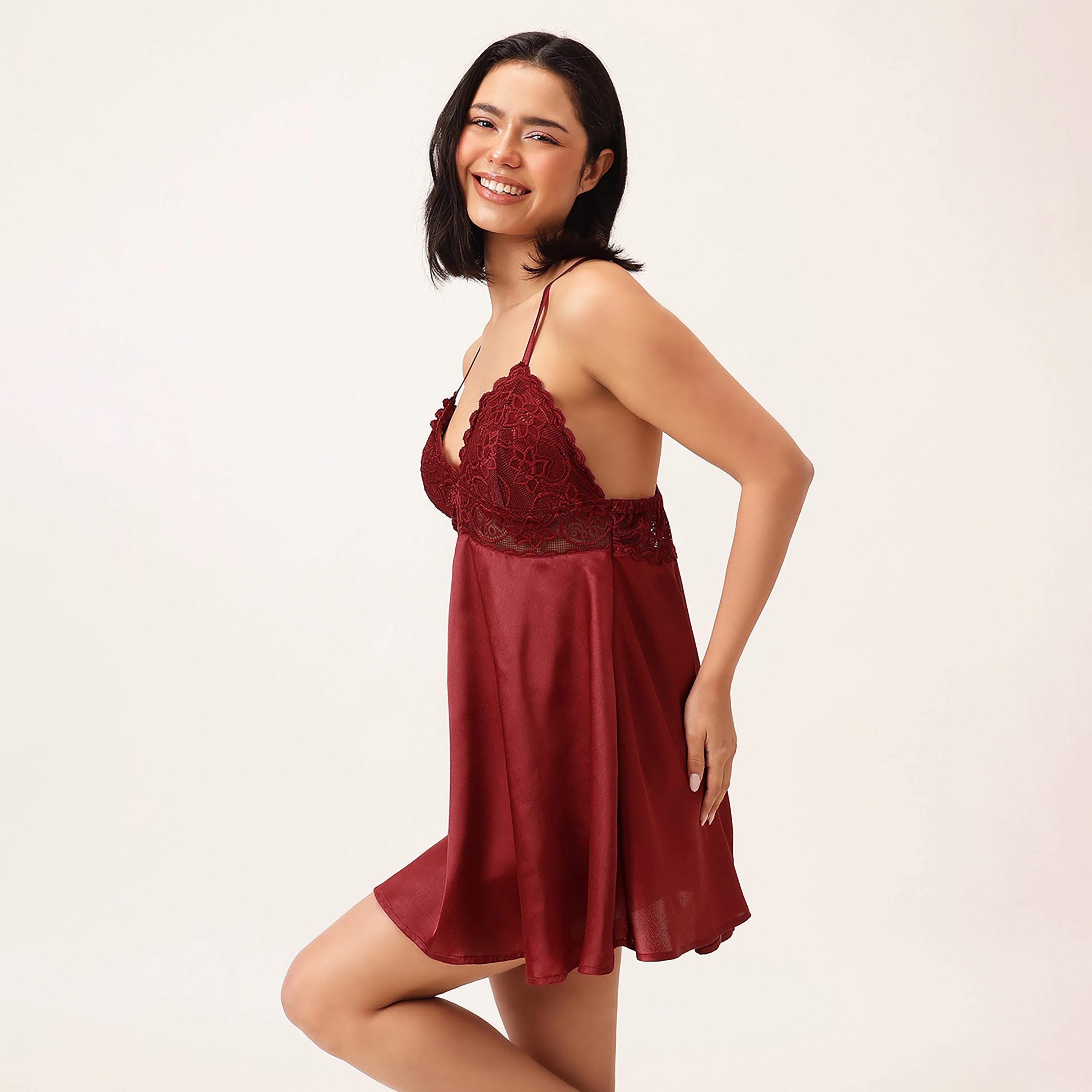 Clovia Chic Basic Padded Women's Babydoll in Maroon - Satin-women-clothing-lingerie-babydollsandbodysuits-image-4