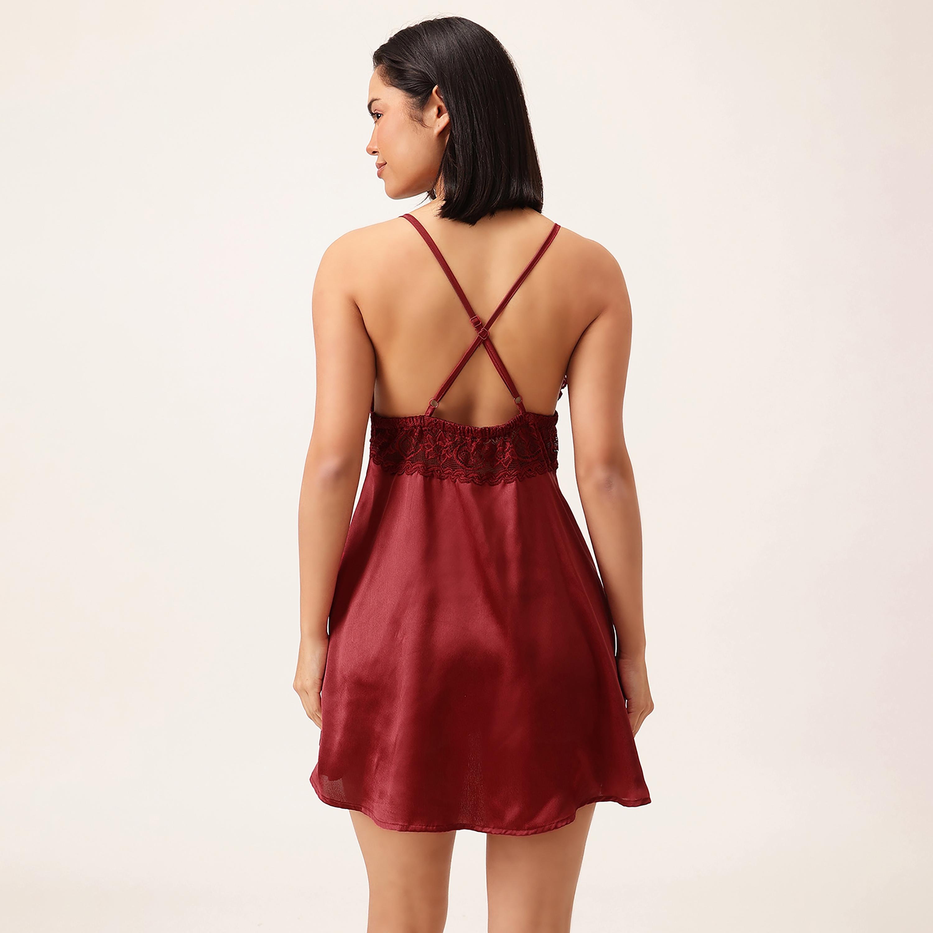 Clovia Chic Basic Padded Women's Babydoll in Maroon - Satin-women-clothing-lingerie-babydollsandbodysuits-image-5