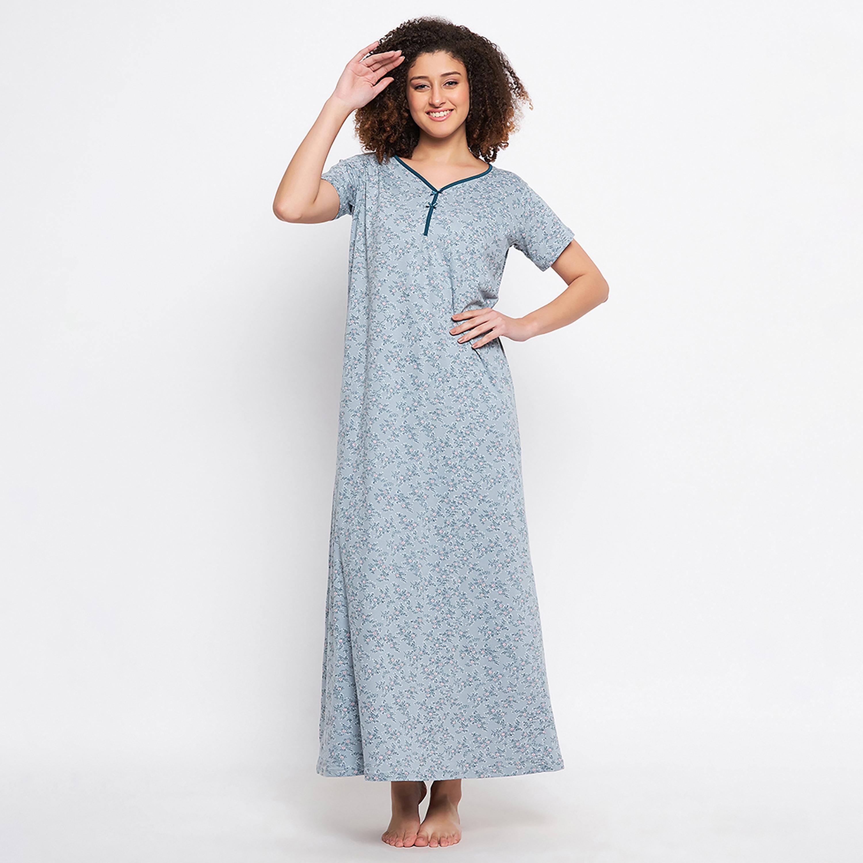 Clovia Pretty Florals Long Women's Nighty in Light Blue - Cotton-women-clothing-nightwear-nighties-image-1