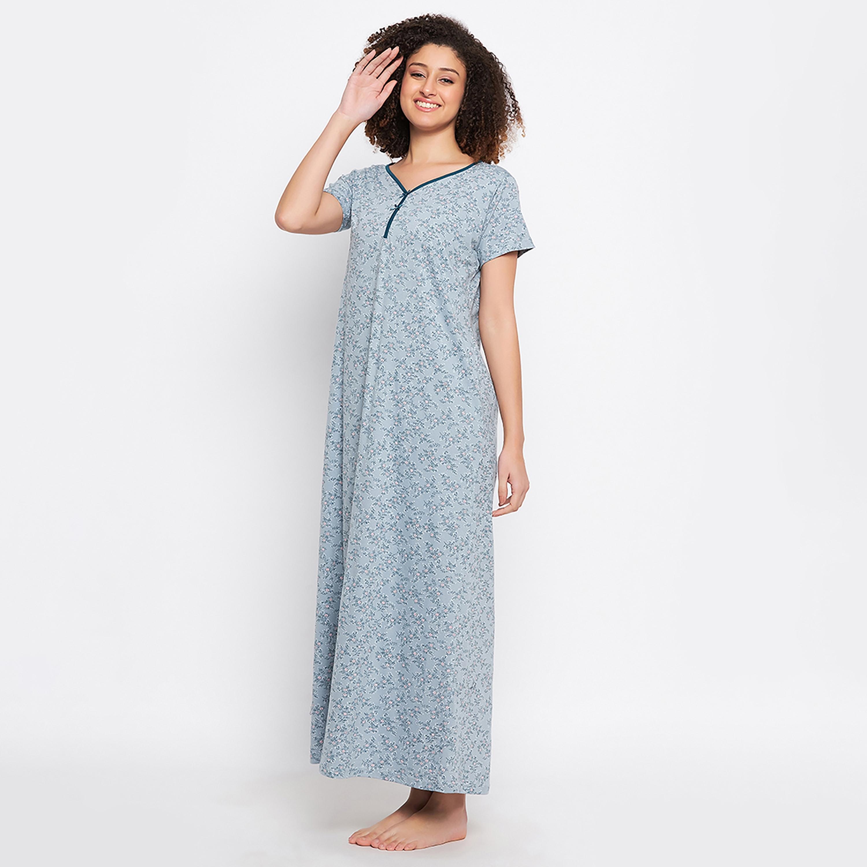 Clovia Pretty Florals Long Women's Nighty in Light Blue - Cotton-women-clothing-nightwear-nighties-image-2
