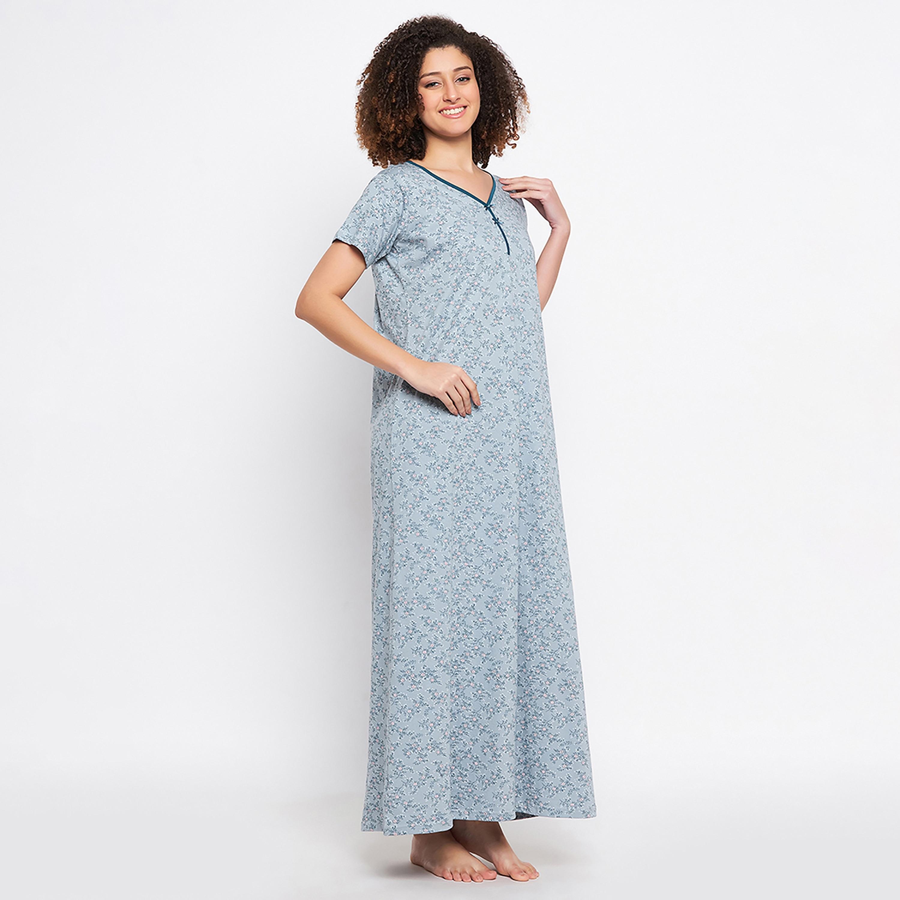 Clovia Pretty Florals Long Women's Nighty in Light Blue - Cotton-women-clothing-nightwear-nighties-image-3