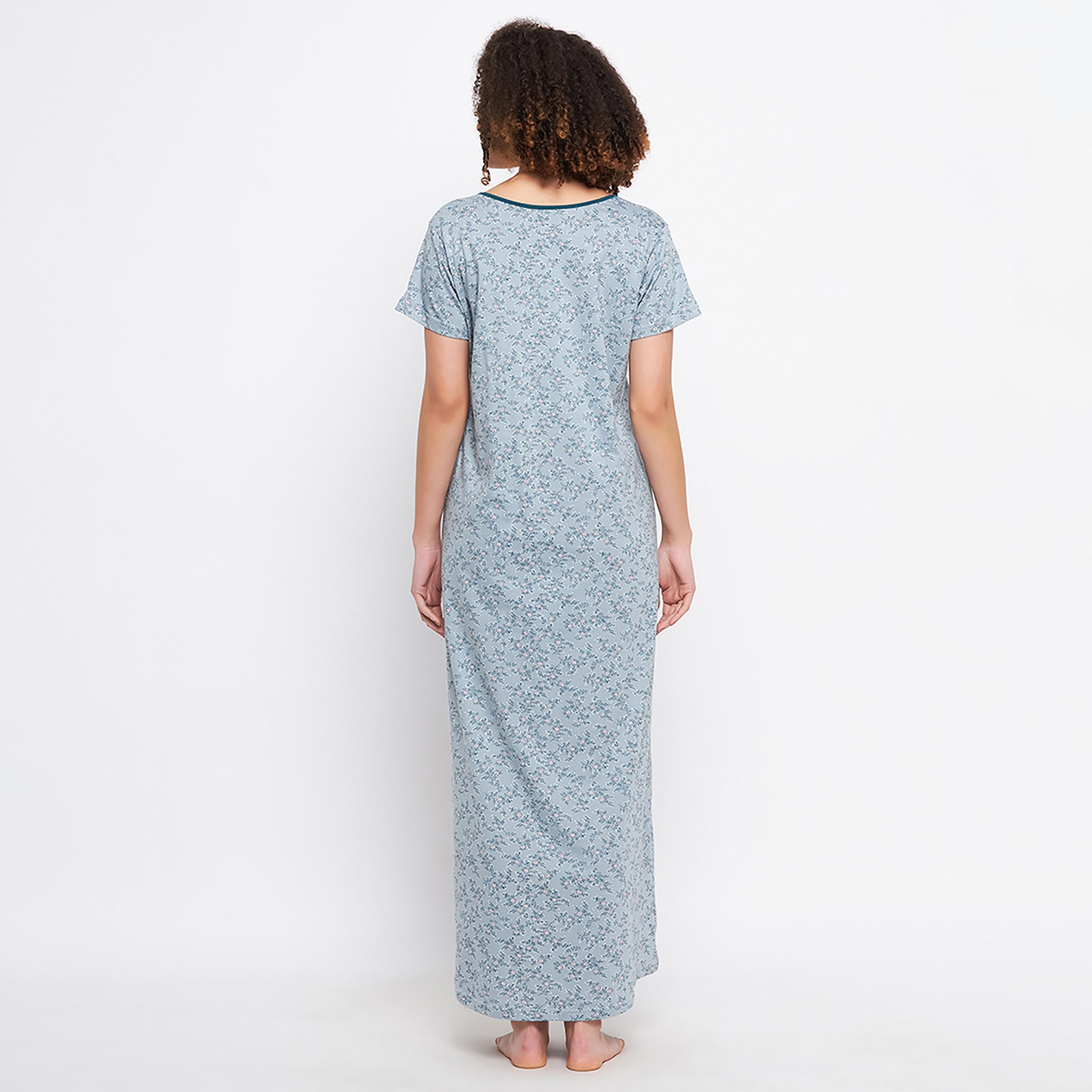 Clovia Pretty Florals Long Women's Nighty in Light Blue - Cotton-women-clothing-nightwear-nighties-image-4