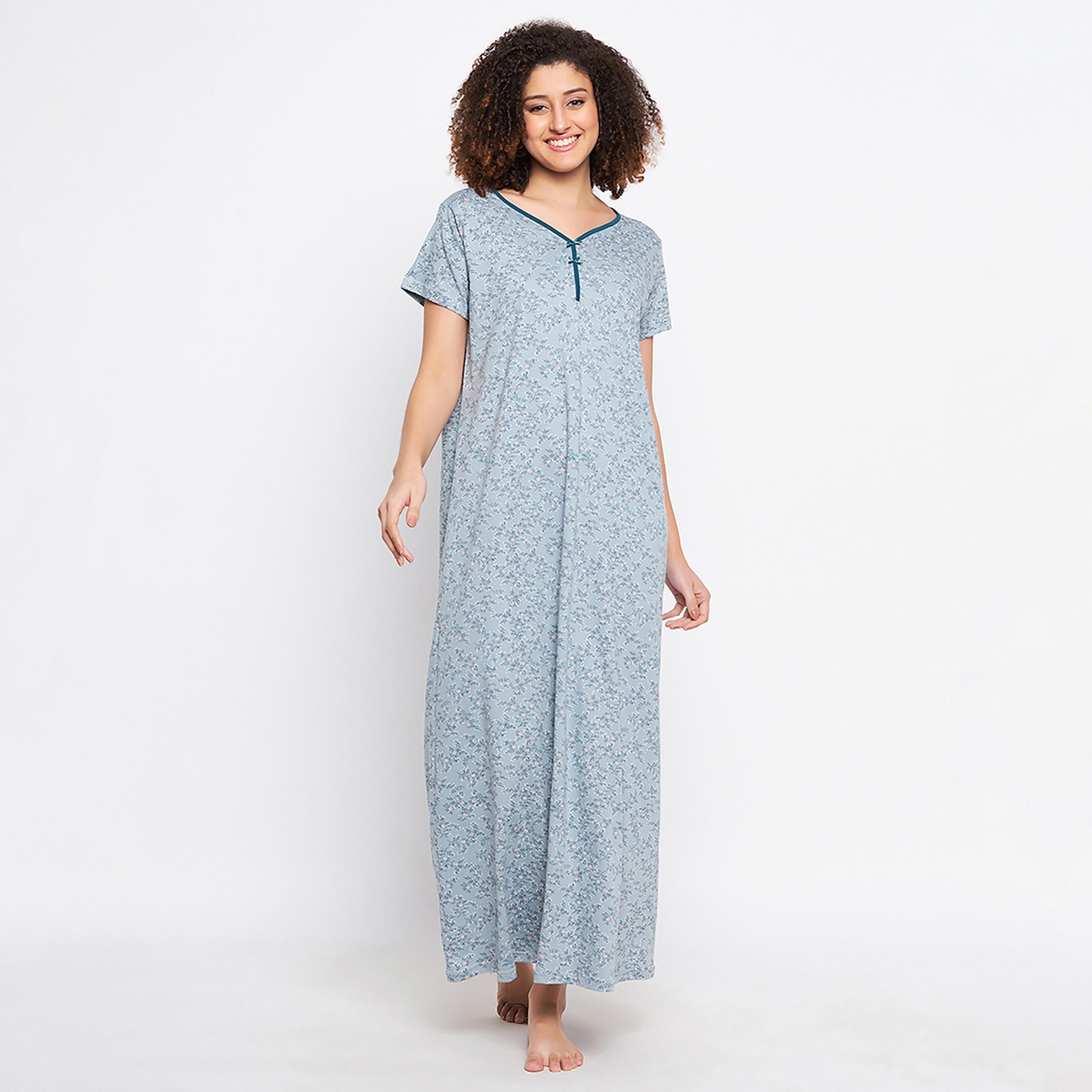 قميص نوم نسائي طويل بريتي فلورالز باللون الأزرق الفاتح من كلوفيا - قطن-women-clothing-nightwear-nighties-image-6